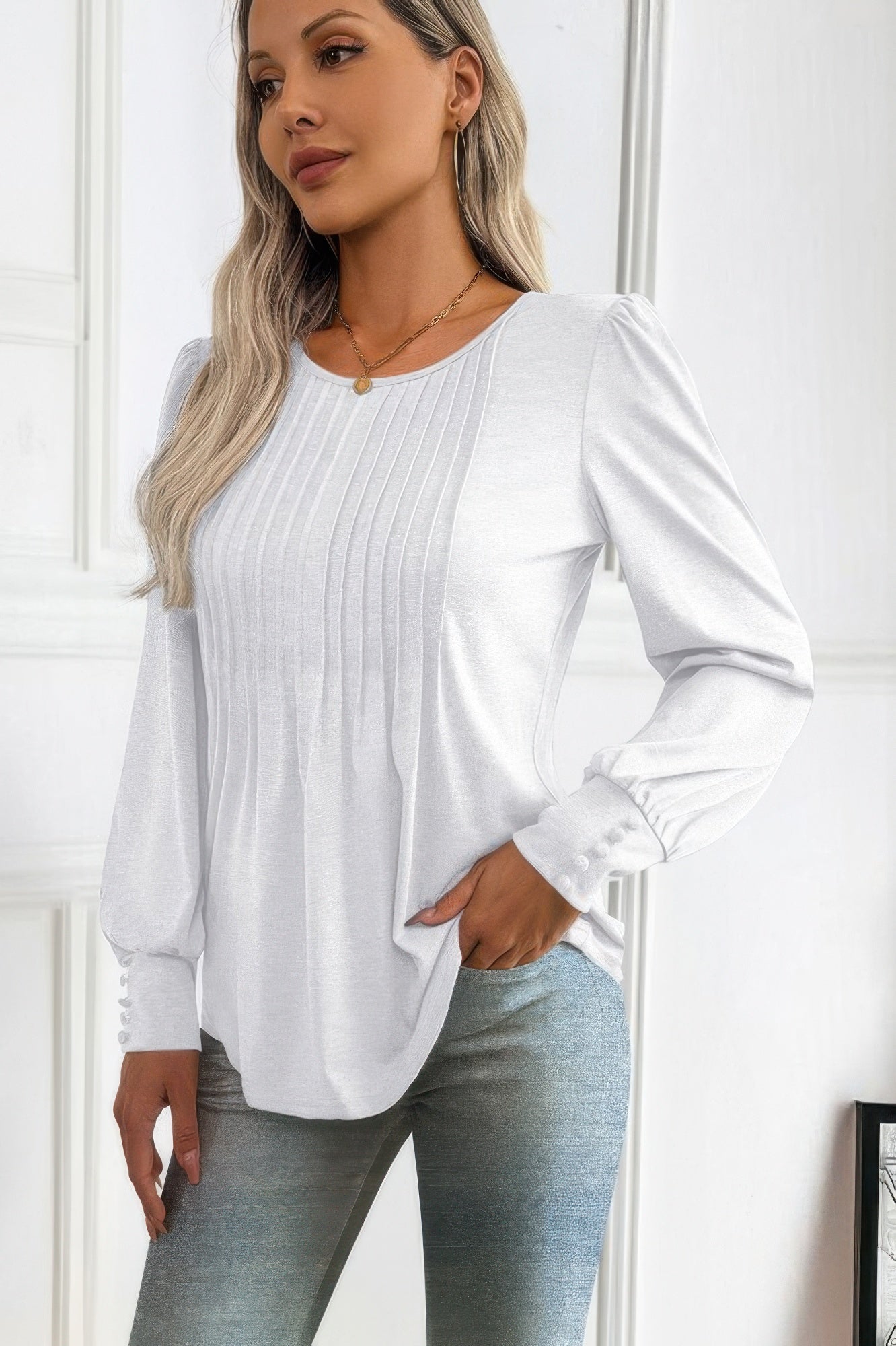Crew Neck Pleated Long Puff Lantern Sleeve Knit Shirt | by atgodanddesigns