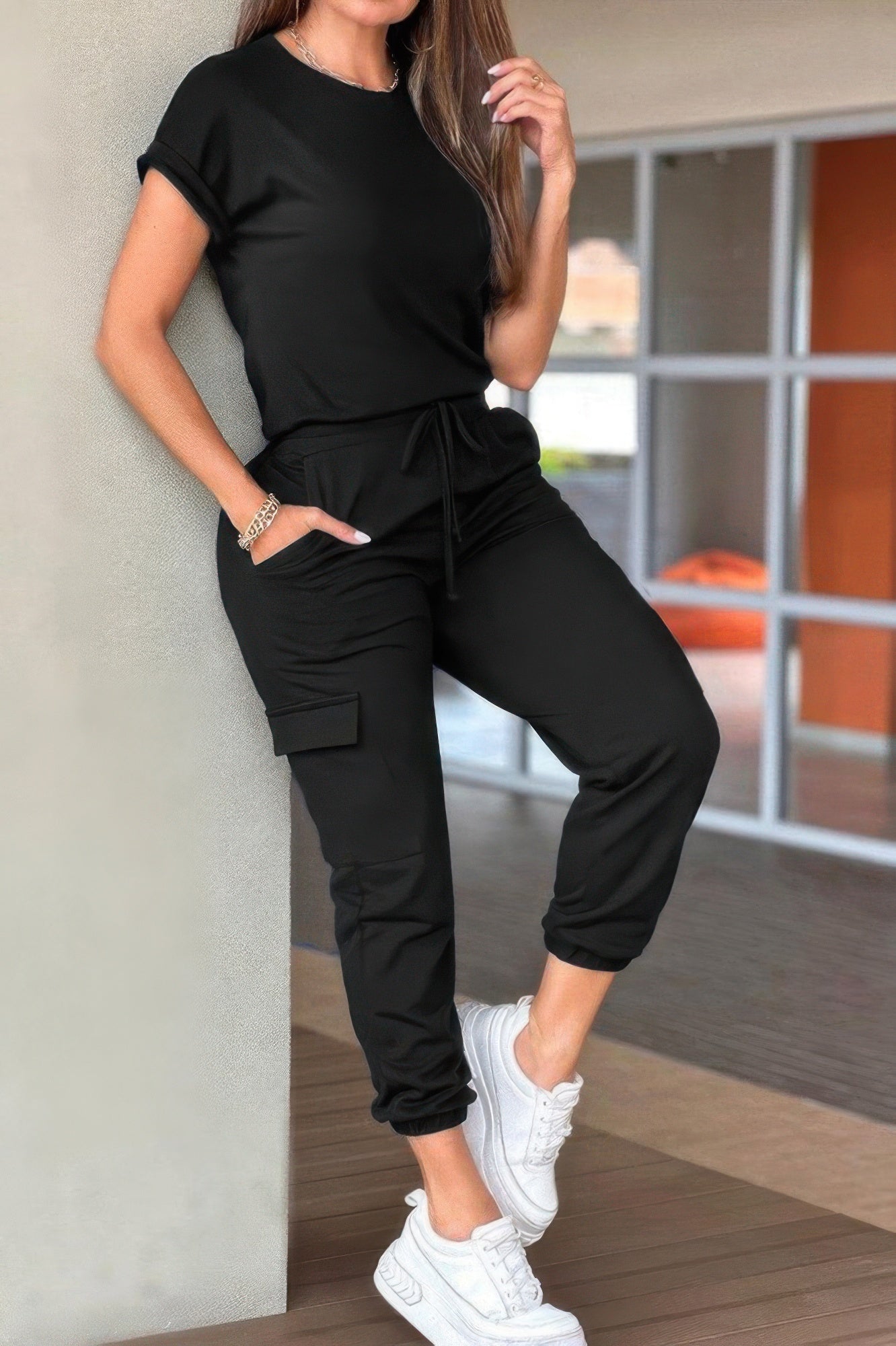 Crew Neck Short Sleeve Drawstring Waist Jumpsuit | by atgodanddesigns