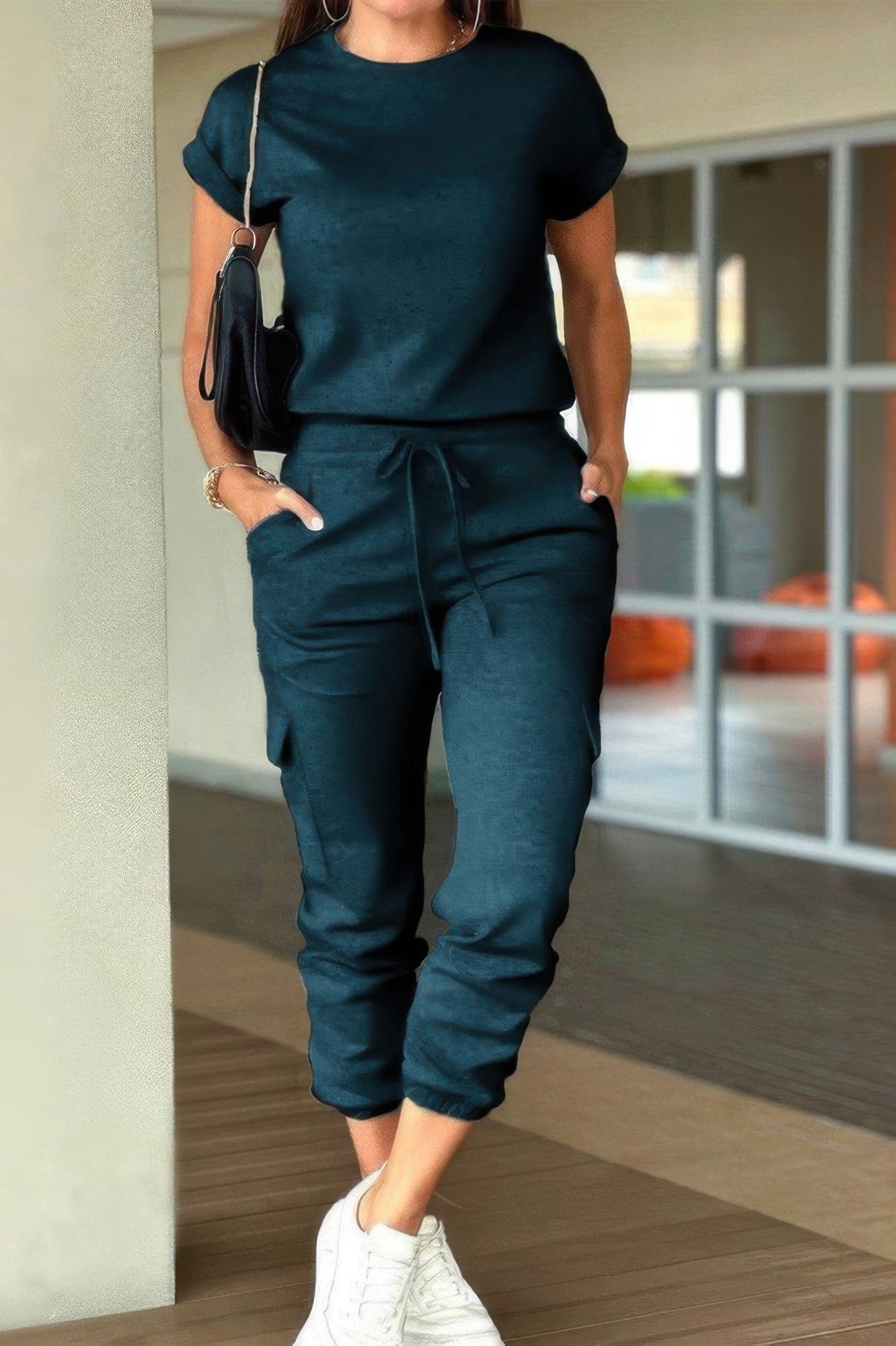 Crew Neck Short Sleeve Drawstring Waist Jumpsuit | by atgodanddesigns