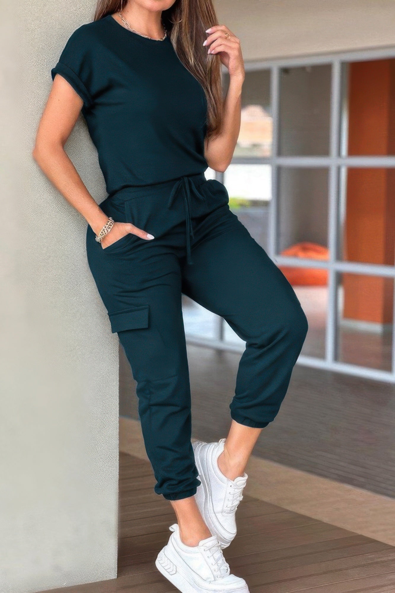 Crew Neck Short Sleeve Drawstring Waist Jumpsuit | by atgodanddesigns
