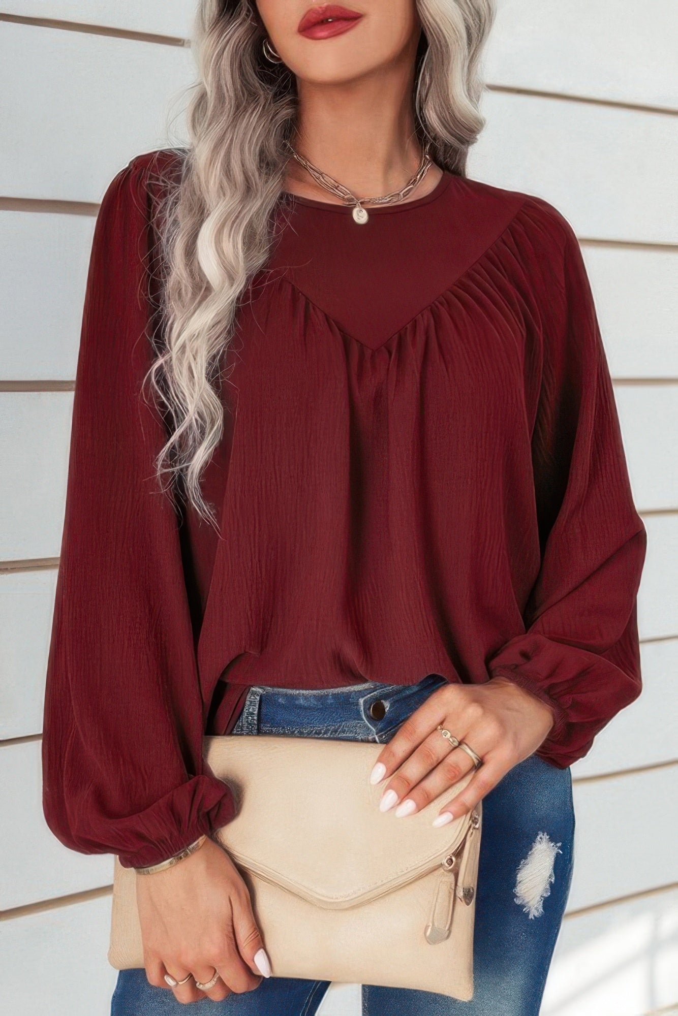 Crew Neck Solid Long Lantern Sleeve Shirt | by atgodanddesigns
