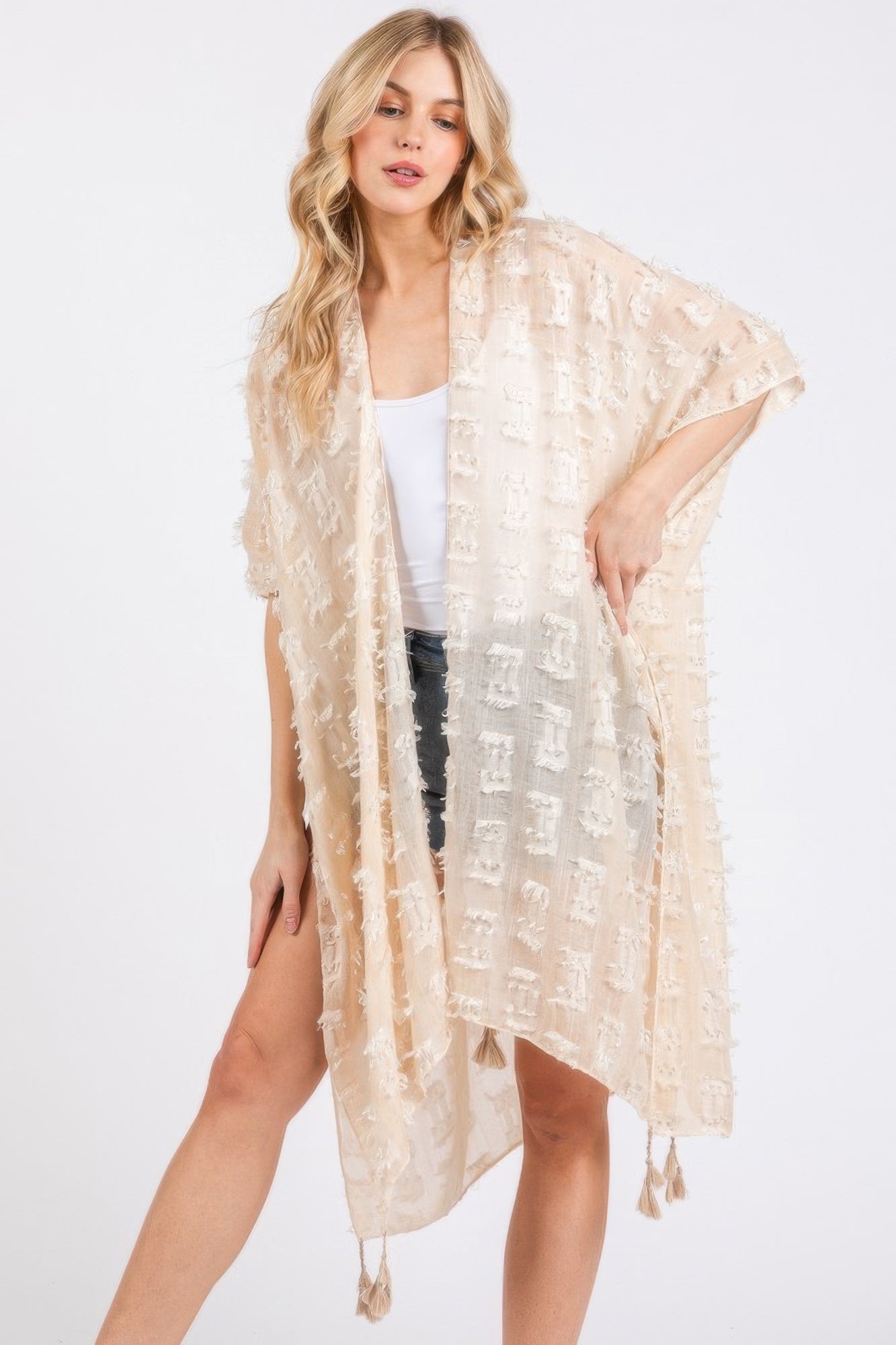 Distressed Pattern Tassel Kimono | by atgodanddesigns