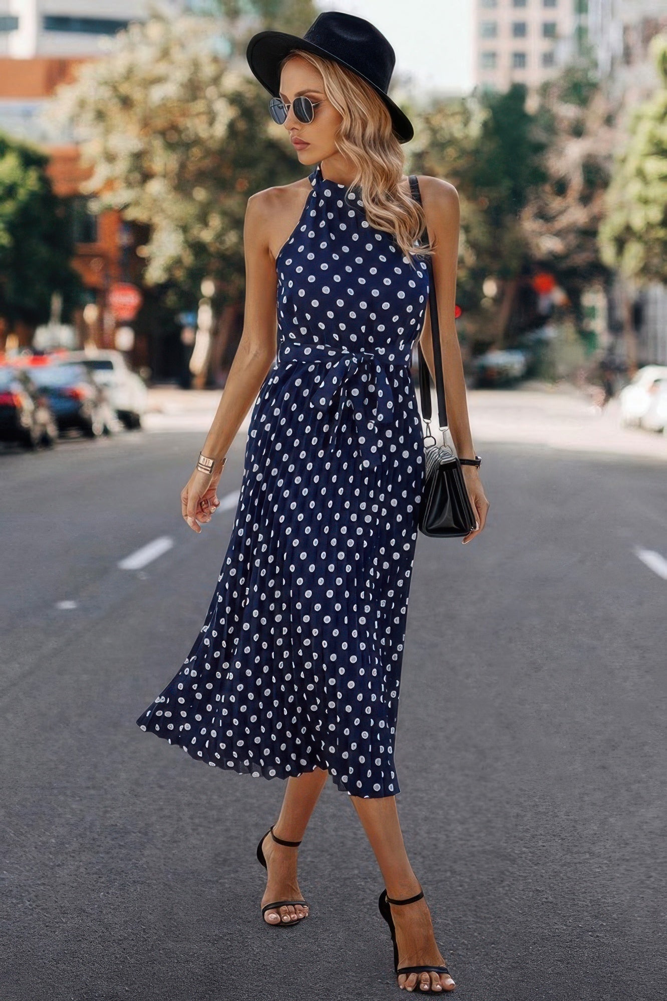 Dot Print Open Shoulder Fit Knot Belt Dress | by atgodanddesigns