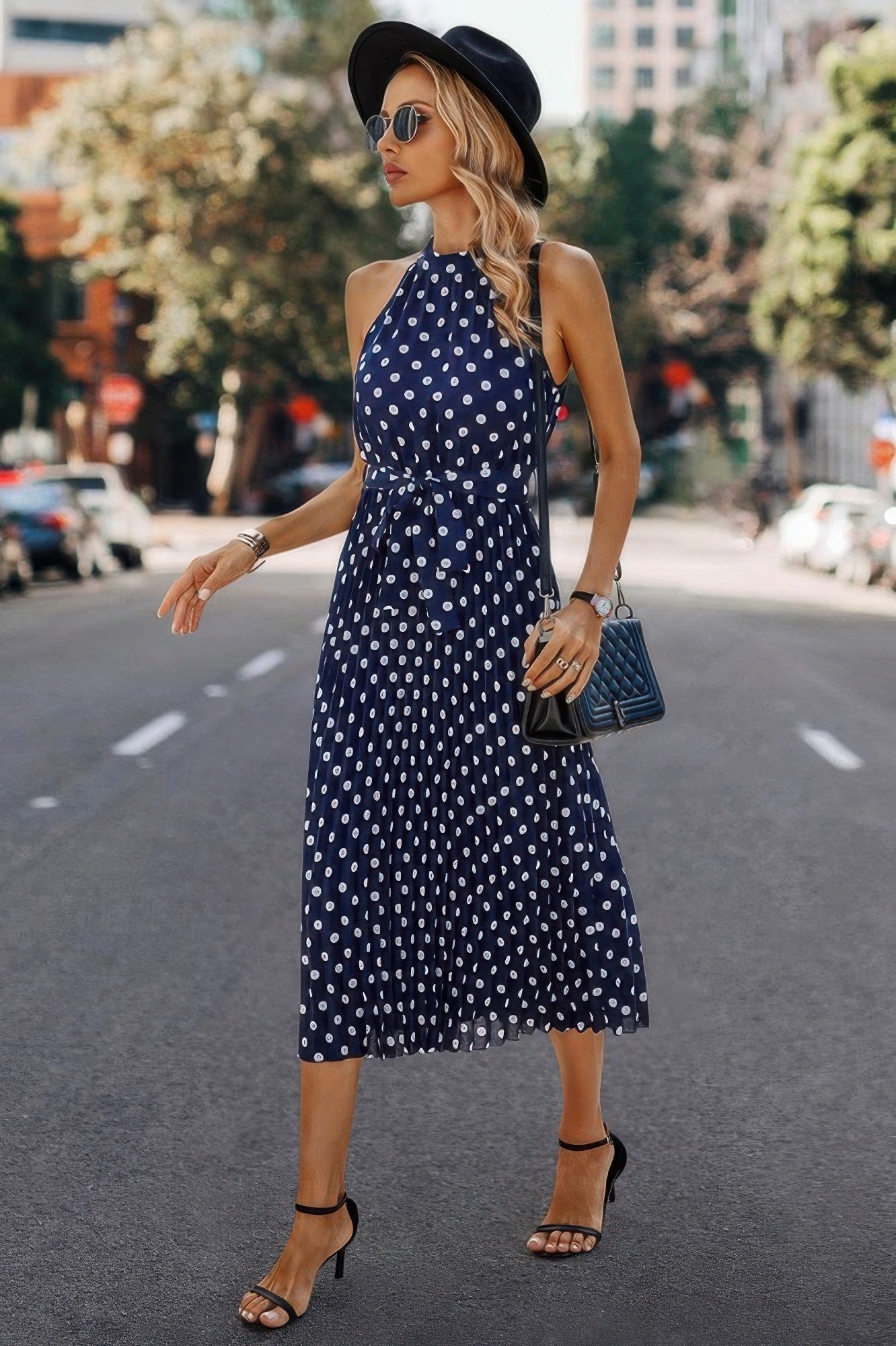 Dot Print Open Shoulder Fit Knot Belt Dress | by atgodanddesigns