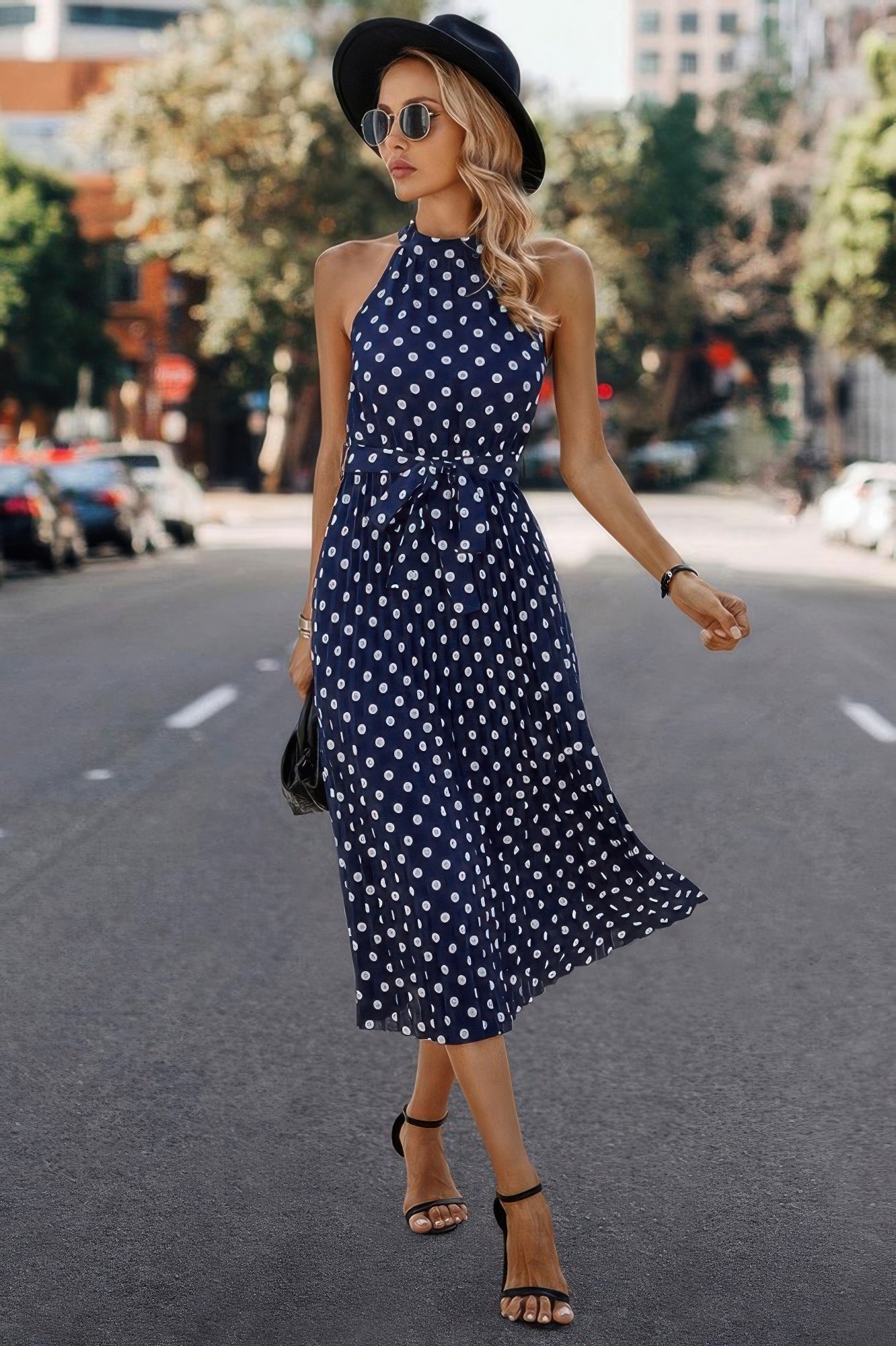 Dot Print Open Shoulder Fit Knot Belt Dress | by atgodanddesigns