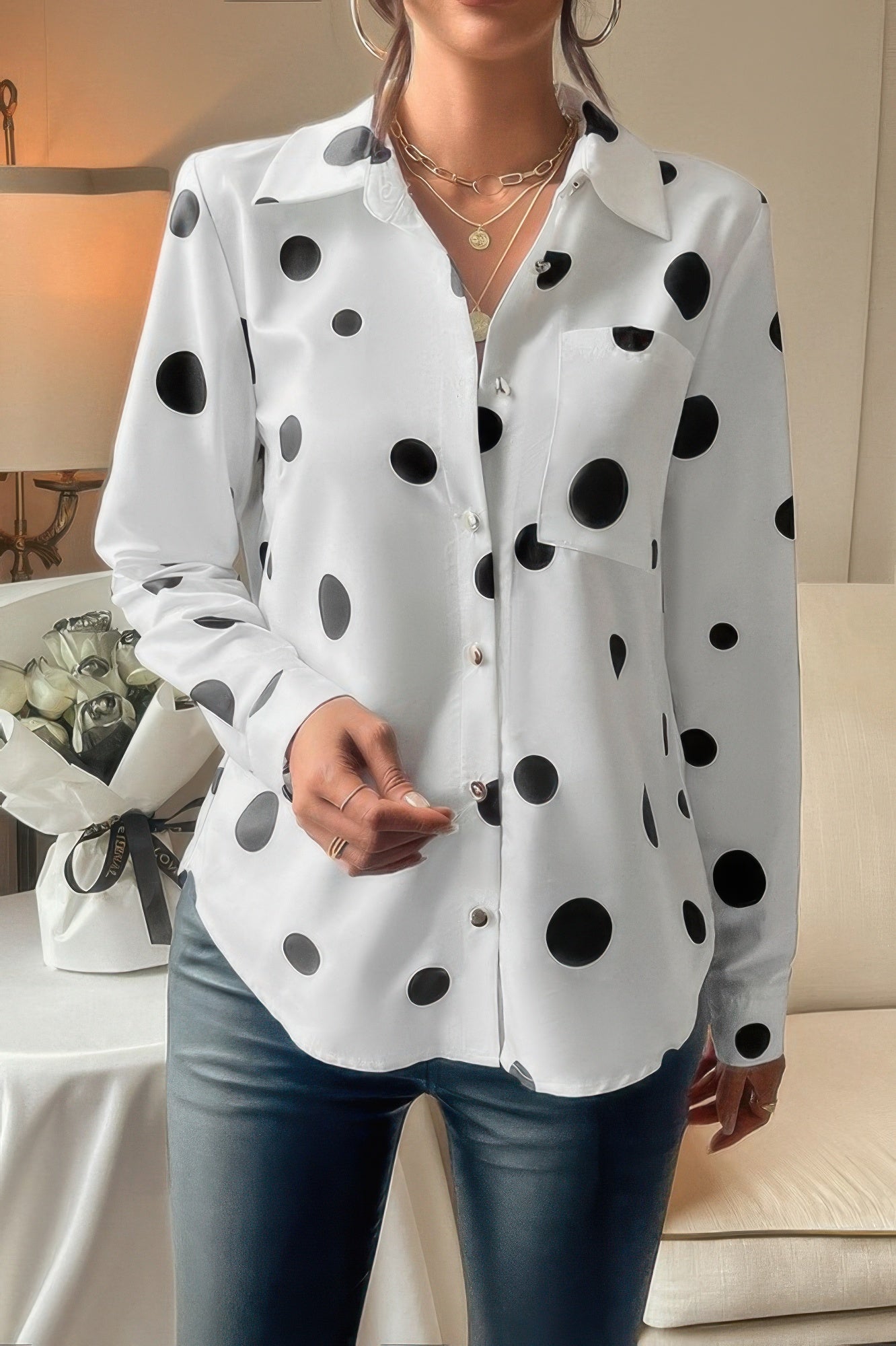 Dot Print Pocket Drop Shoulder Button Blouse | by atgodanddesigns