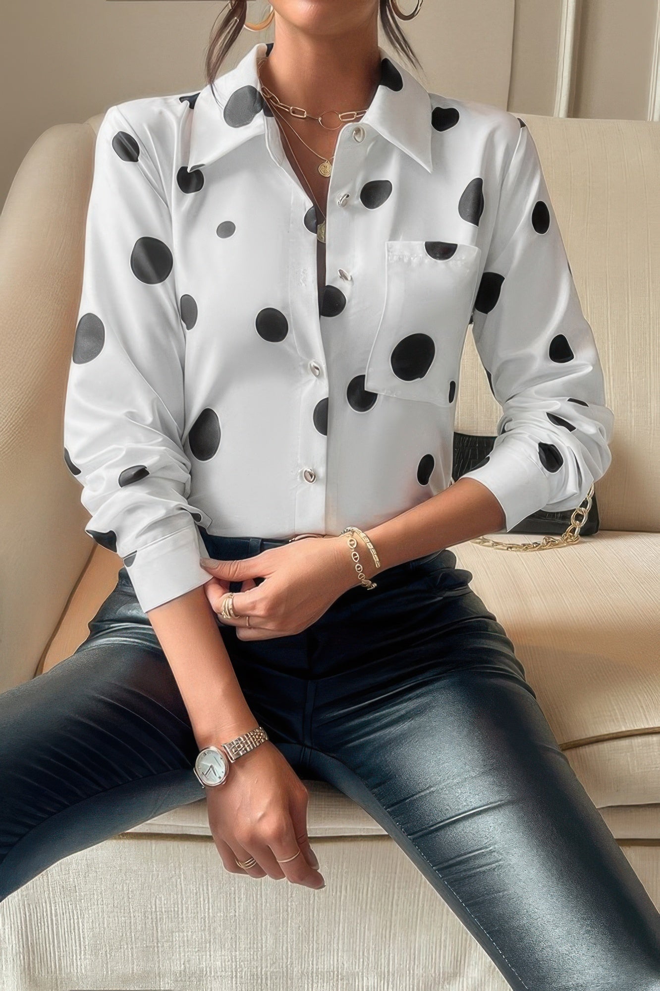 Dot Print Pocket Drop Shoulder Button Blouse | by atgodanddesigns