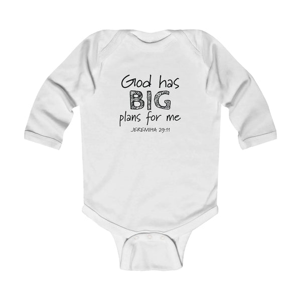 Faith Based Infant Long Sleeve Onesie - God Has Big Plans For Me | Kids clothes by atgodanddesigns
