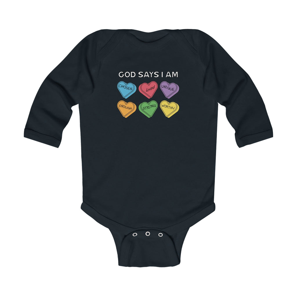 Faith Based Infant Long Sleeve Onesie - God Says I Am | Kids clothes by atgodanddesigns