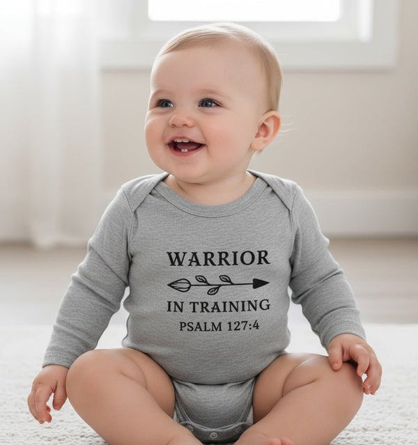 Faith Based Infant Long Sleeve Onesie - Warrior In Training | Kids clothes by atgodanddesigns