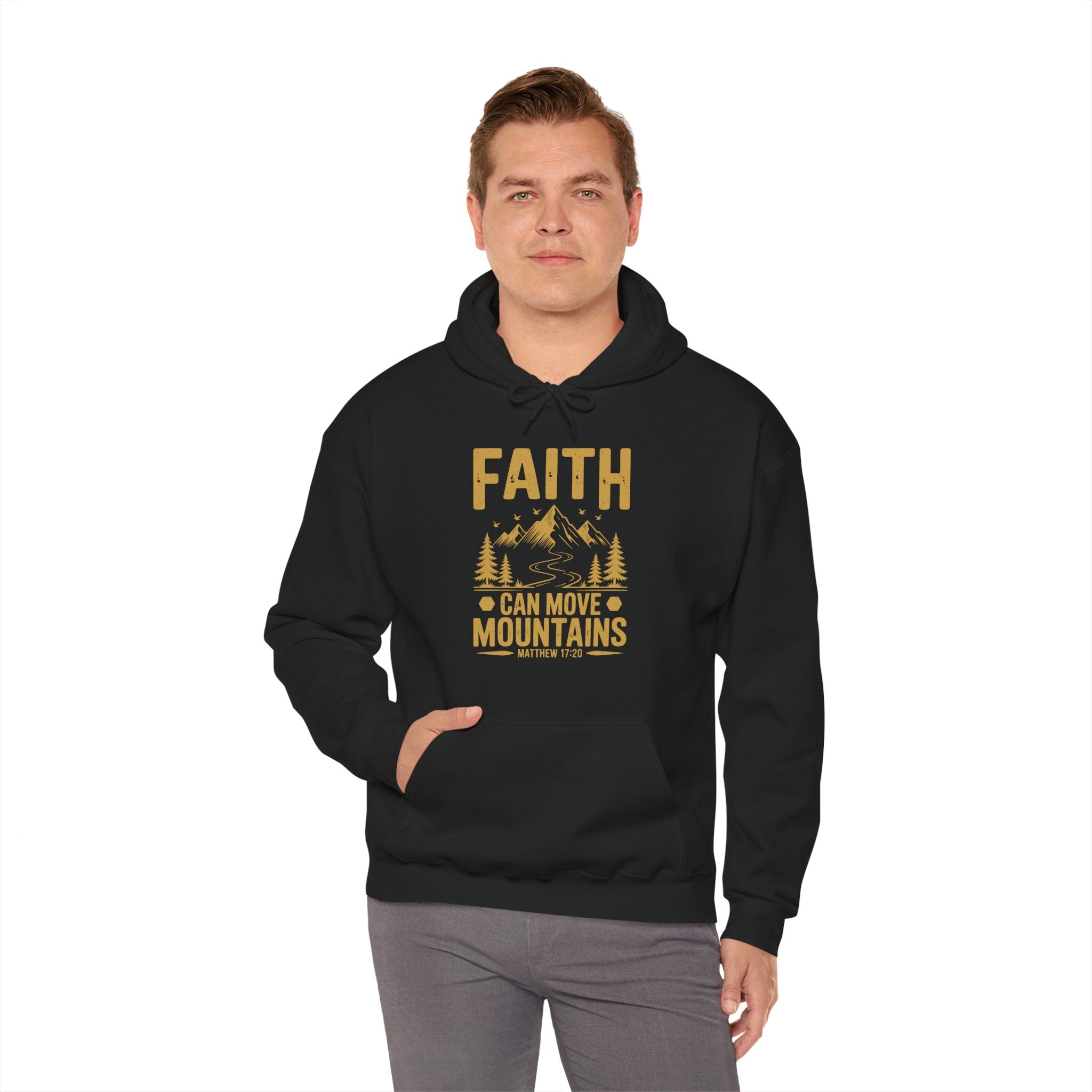 Faith Based Men's Hoodie - Faith Can Move Mountains | Hoodie by atgodanddesigns