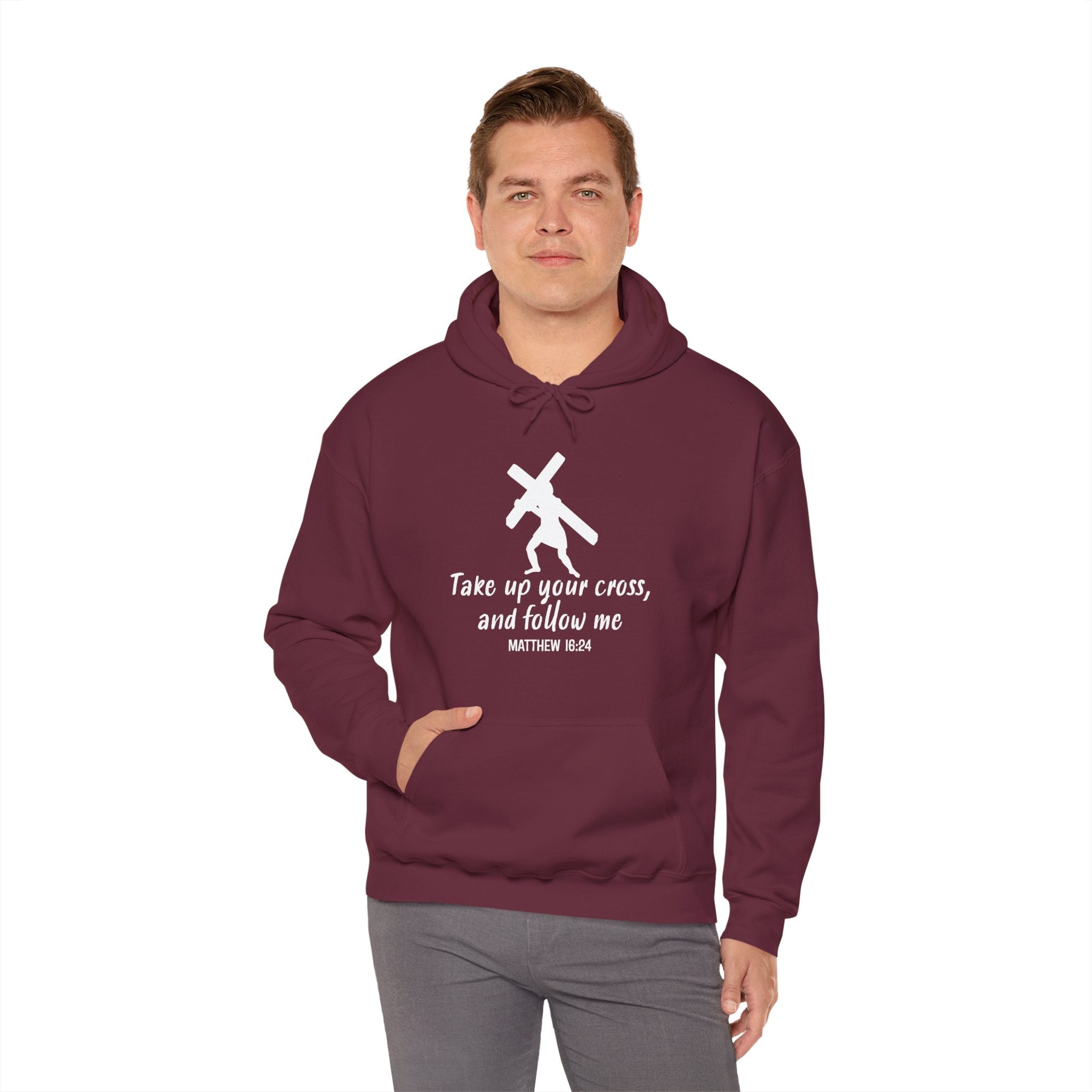 Faith Based Men's Hoodie - Take Up Your Cross and Follow Me | Hoodie by atgodanddesigns