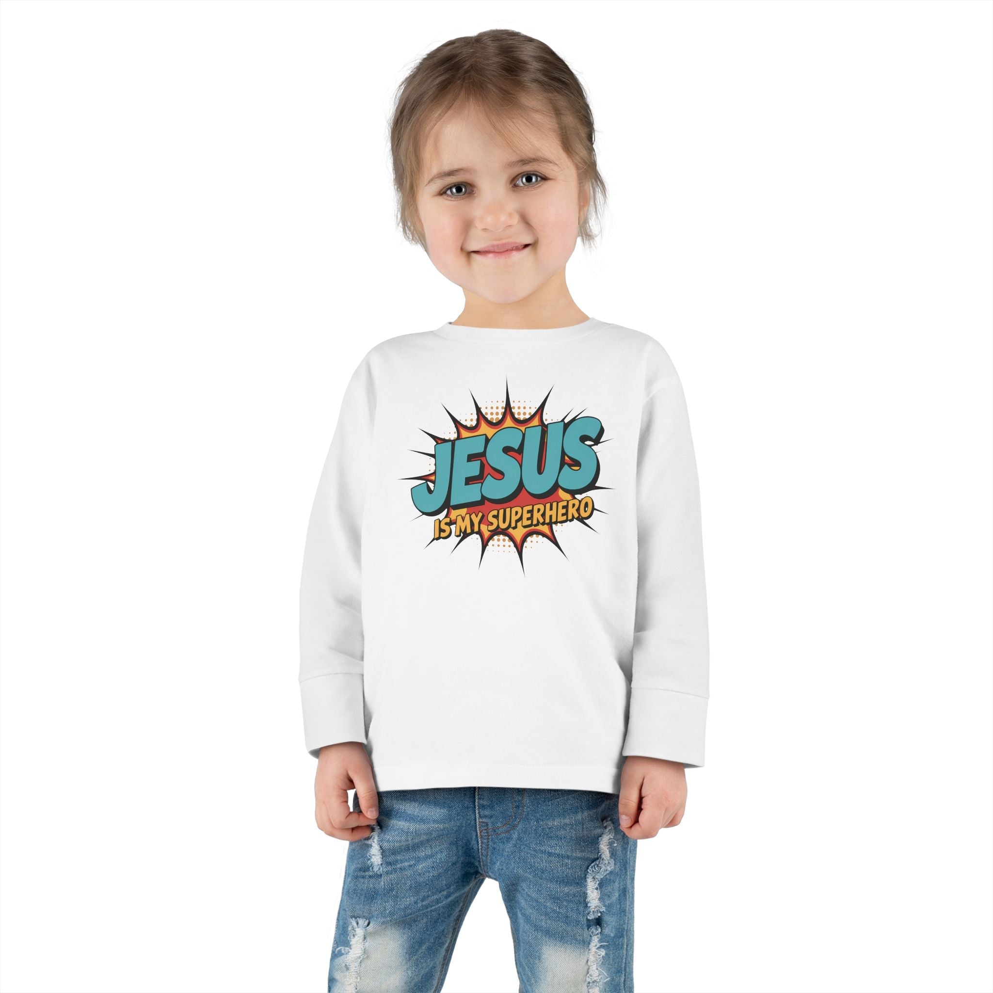 Faith Based Toddler Long Sleeve T-Shirt - Jesus Is My Superhero | Kids clothes by atgodanddesigns