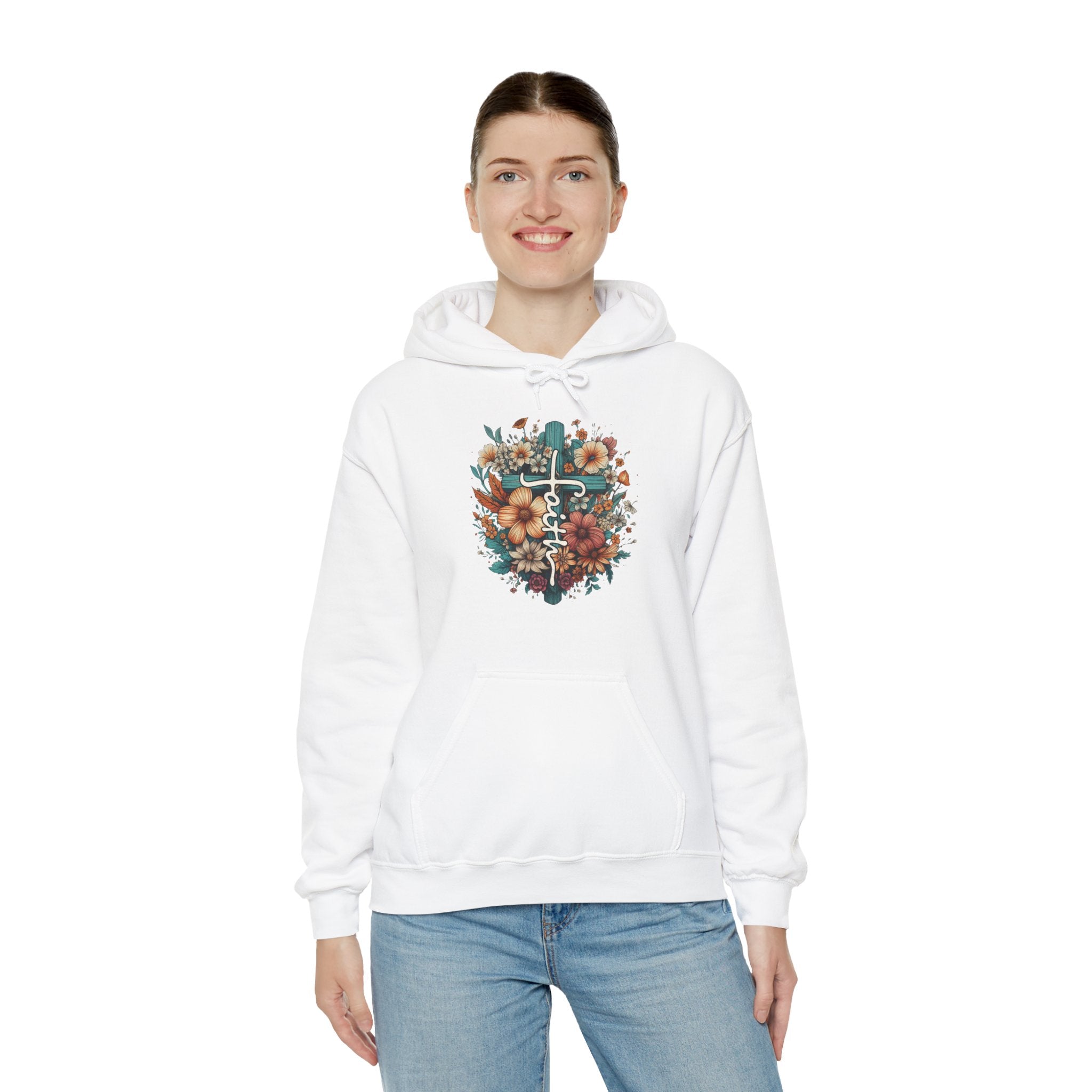 Faith Based Women's Hooded Sweatshirt - Faith with Floral Cross | Hoodie by atgodanddesigns