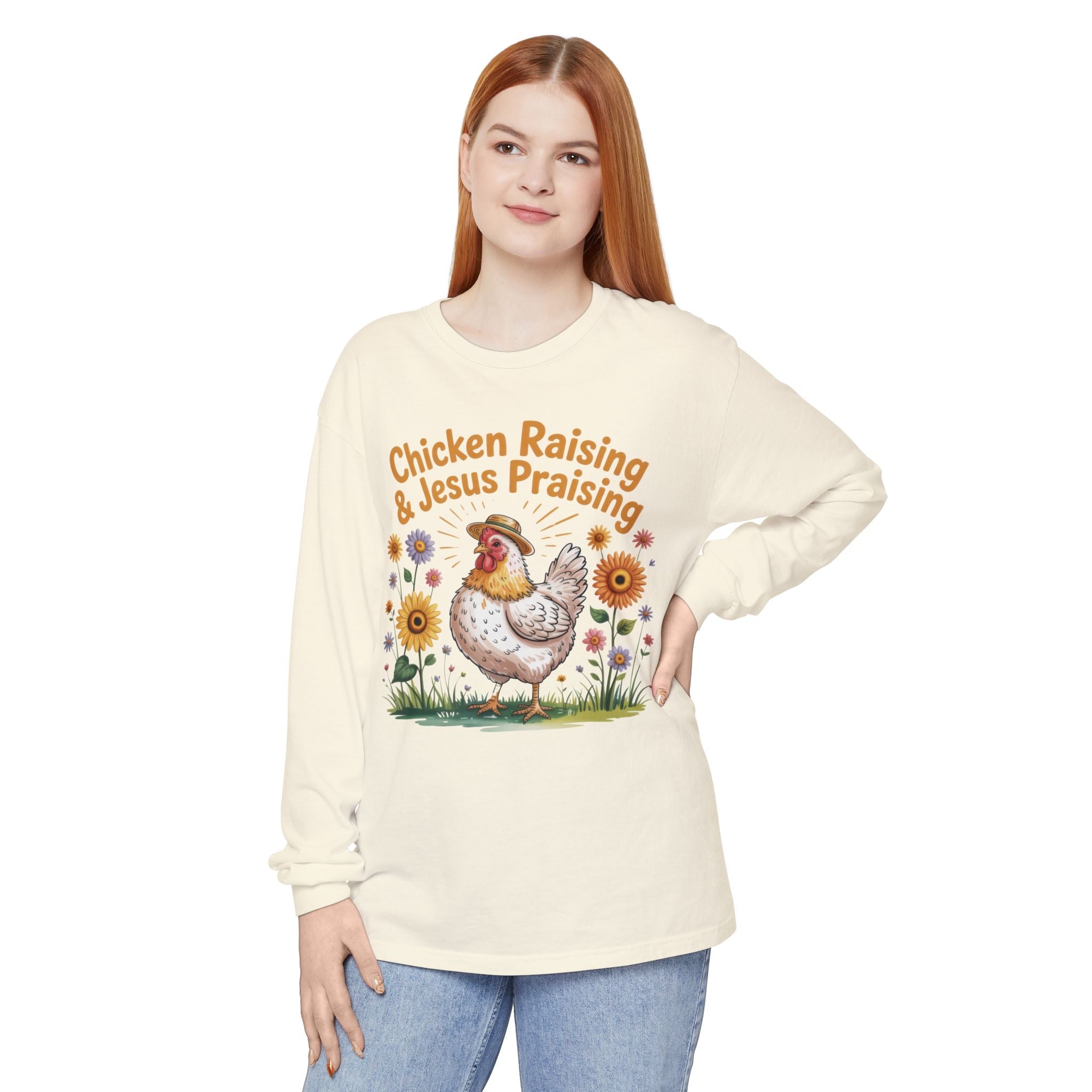 Faith Based Women's Long Sleeve T-Shirt - Chicken Raising Jesus Praising | Long - sleeve by atgodanddesigns