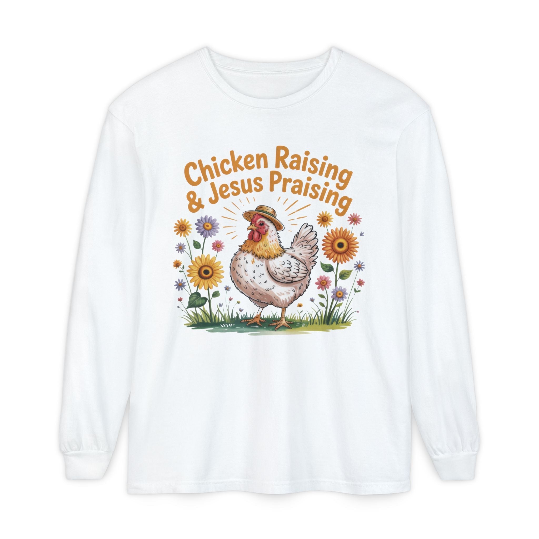 Faith Based Women's Long Sleeve T-Shirt - Chicken Raising Jesus Praising | Long - sleeve by atgodanddesigns