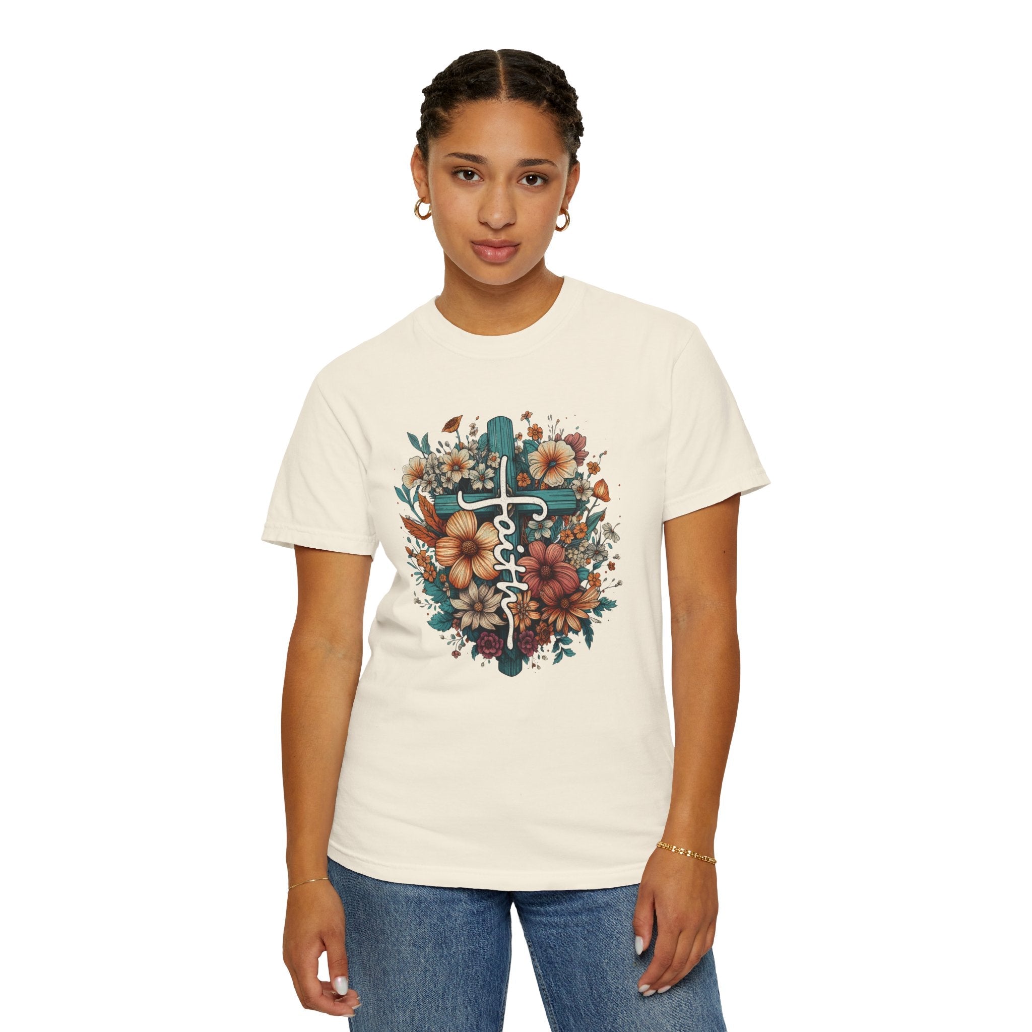 Faith Based Women's T-Shirt - Faith with Floral Cross | T-Shirt by atgodanddesigns