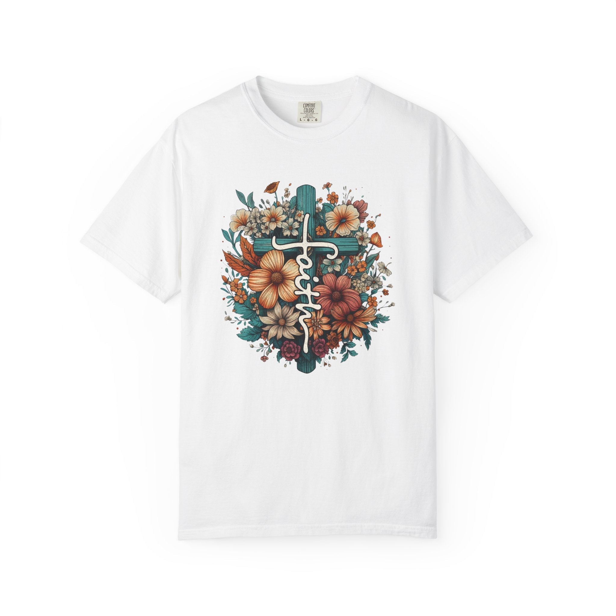 Faith Based Women's T-Shirt - Faith with Floral Cross | T-Shirt by atgodanddesigns