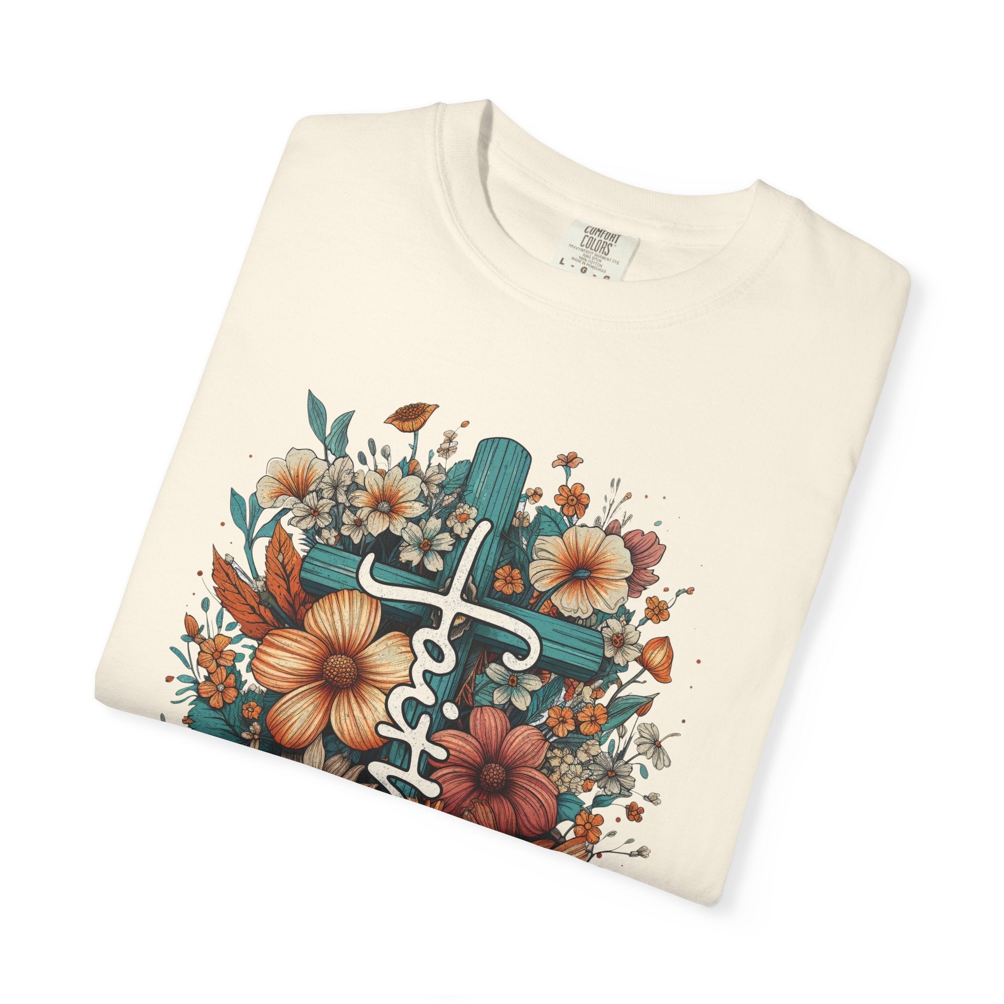 Faith Based Women's T-Shirt - Faith with Floral Cross | T-Shirt by atgodanddesigns