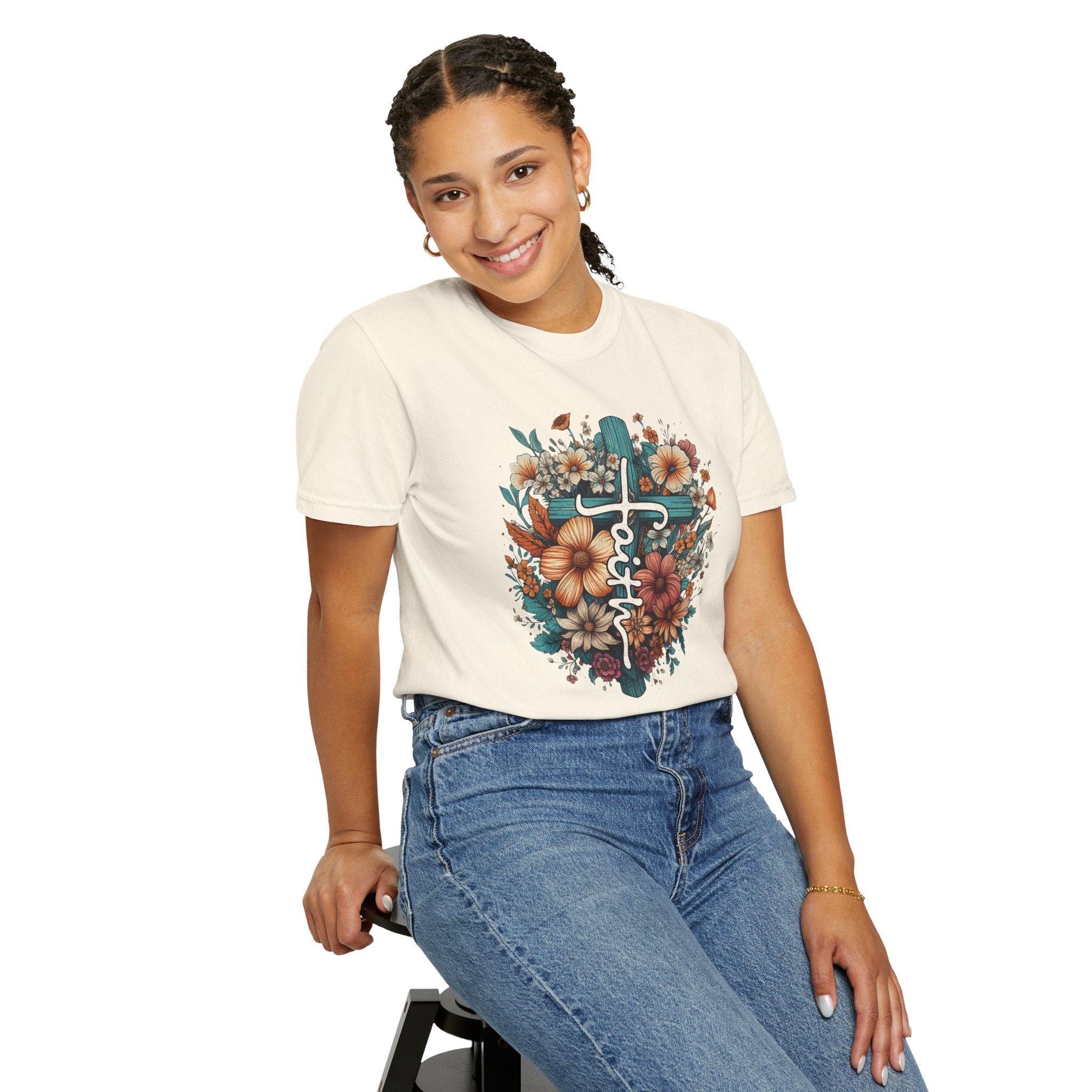 Faith Based Women's T-Shirt - Faith with Floral Cross | T-Shirt by atgodanddesigns