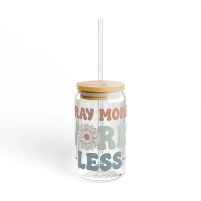 Faith Inspired Sipper Glass with Bamboo Lid & Straw 16oz - Pray More Worry Less | Mug by atgodanddesigns