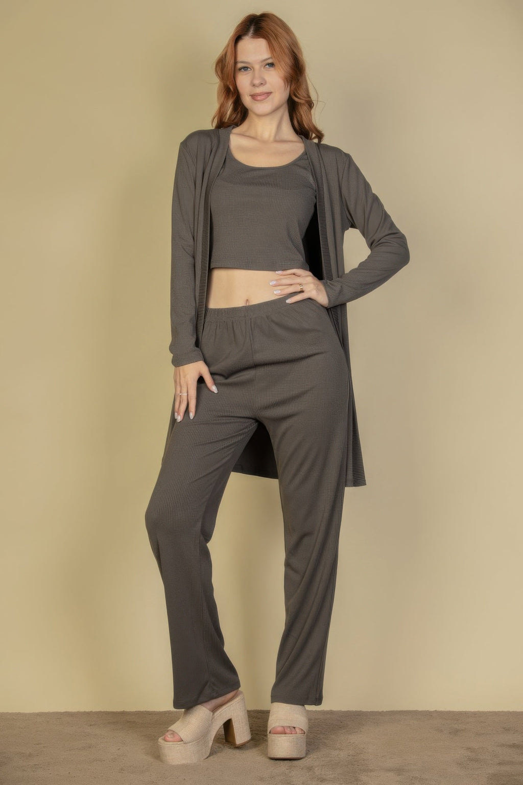 Flat Back Rib 3 Pieces Cami Top With Pants And Long Cardigan Set | by atgodanddesigns