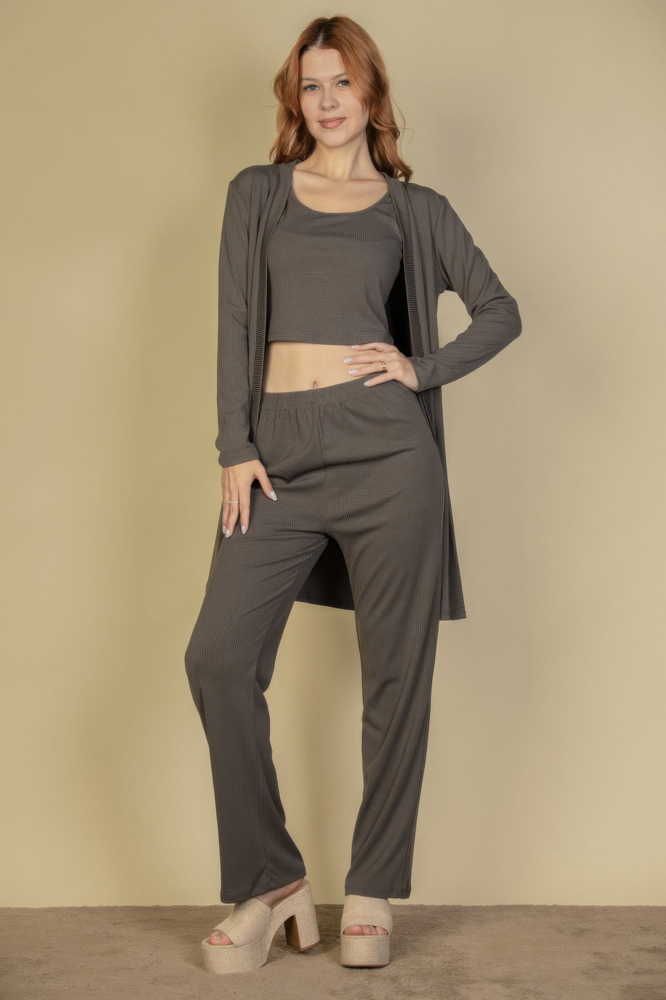 Flat Back Rib 3 Pieces Cami Top With Pants And Long Cardigan Set | by atgodanddesigns