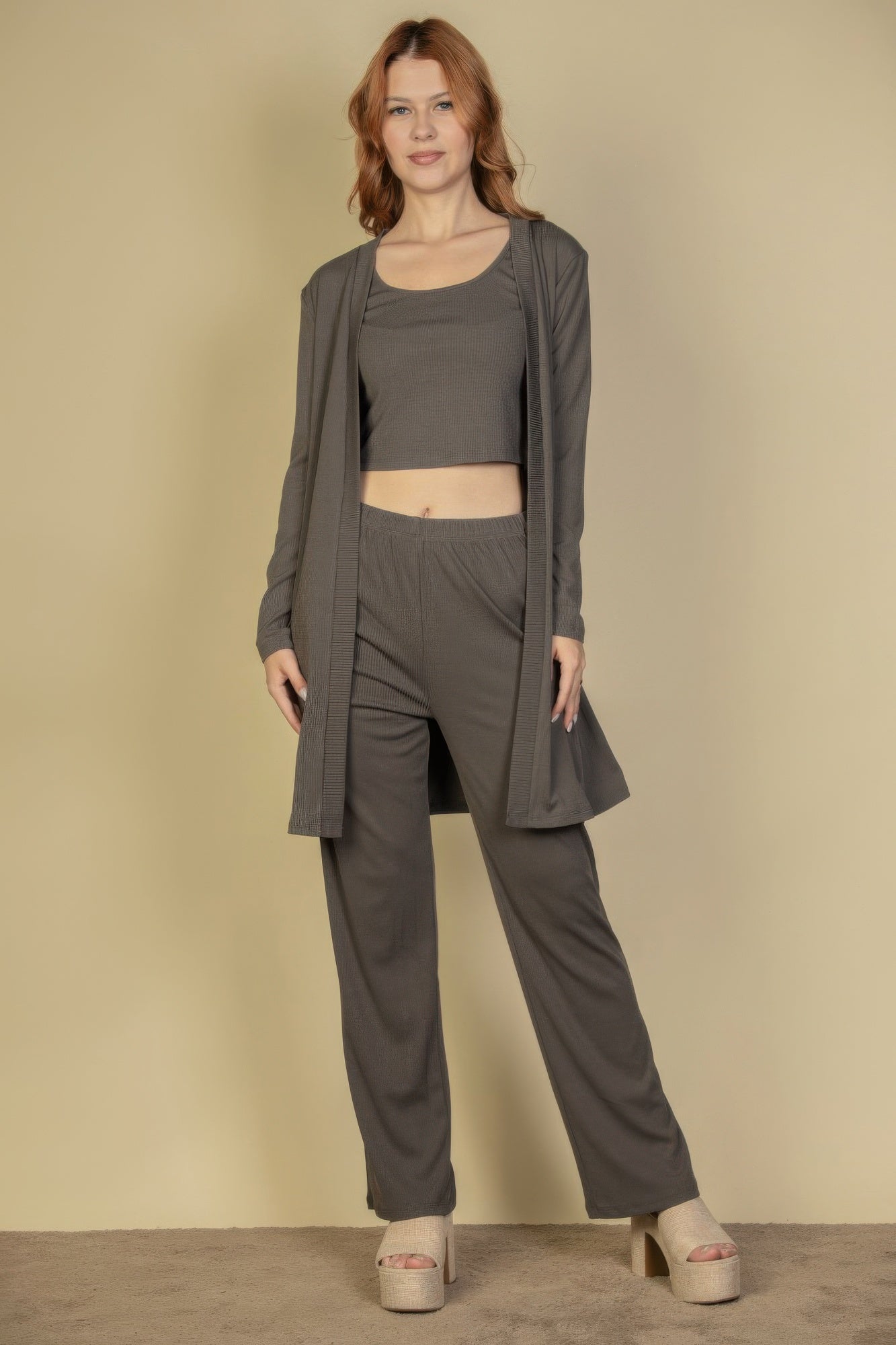 Flat Back Rib 3 Pieces Cami Top With Pants And Long Cardigan Set | by atgodanddesigns