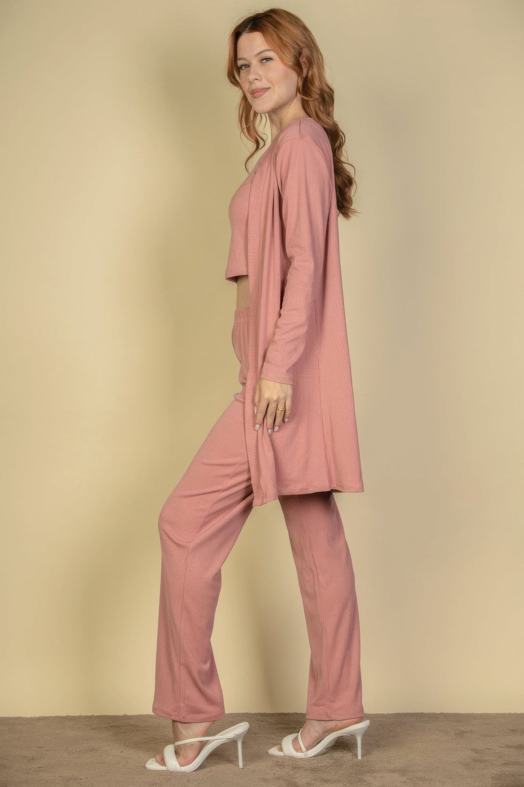 Flat Back Rib 3 Pieces Cami Top With Pants And Long Cardigan Set | by atgodanddesigns
