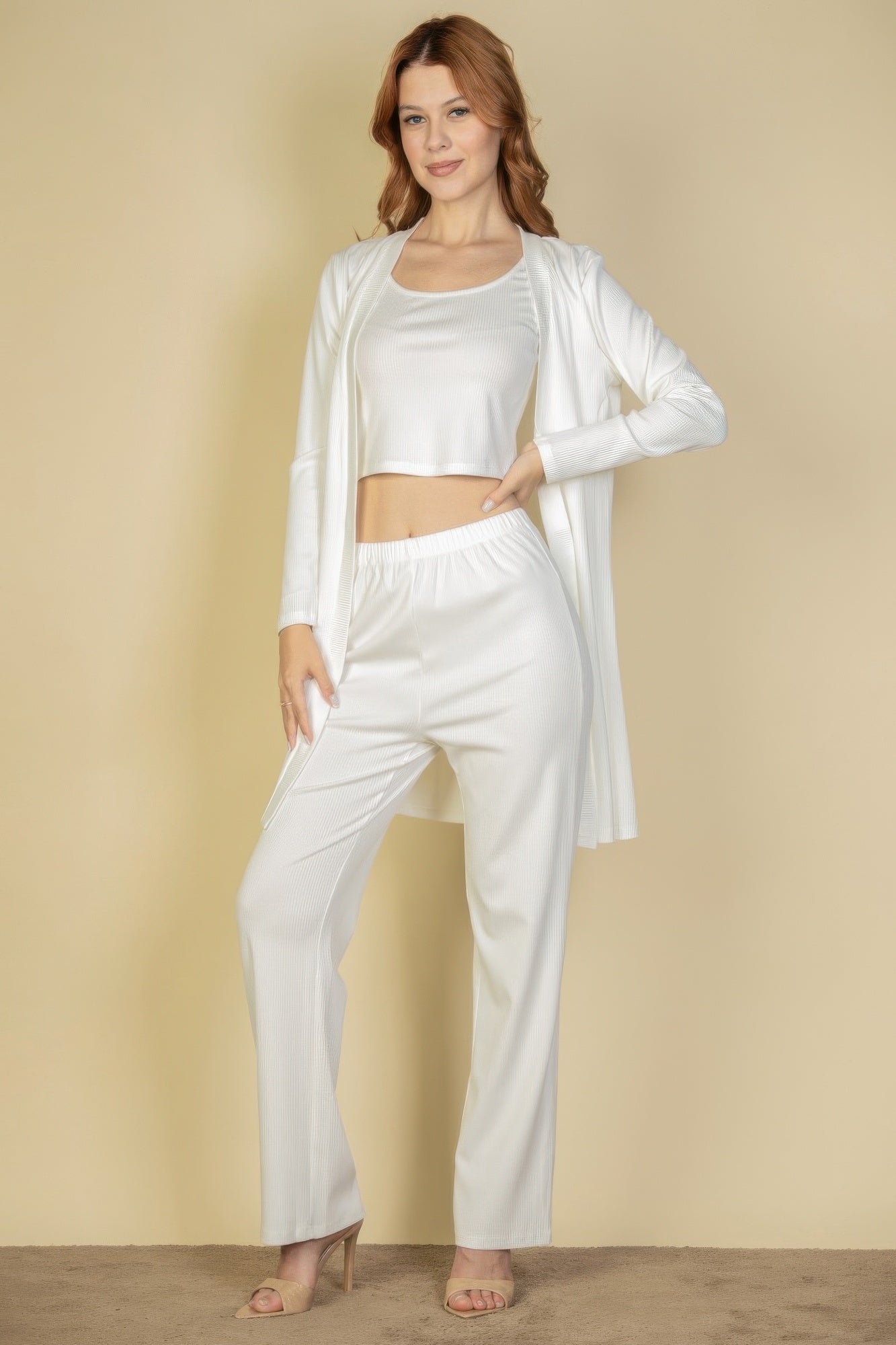 Flat Back Rib 3 Pieces Cami Top With Pants And Long Cardigan Set | by atgodanddesigns