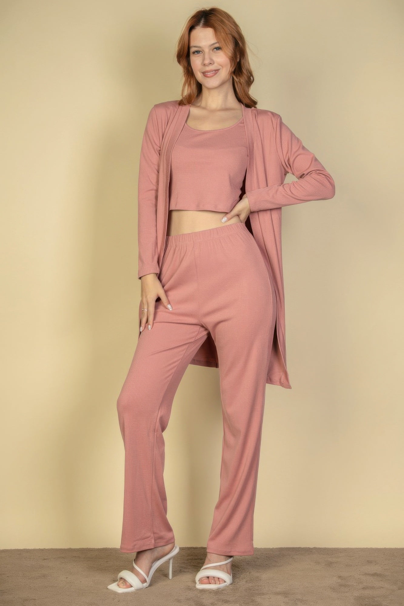 Flat Back Rib 3 Pieces Cami Top With Pants And Long Cardigan Set | by atgodanddesigns