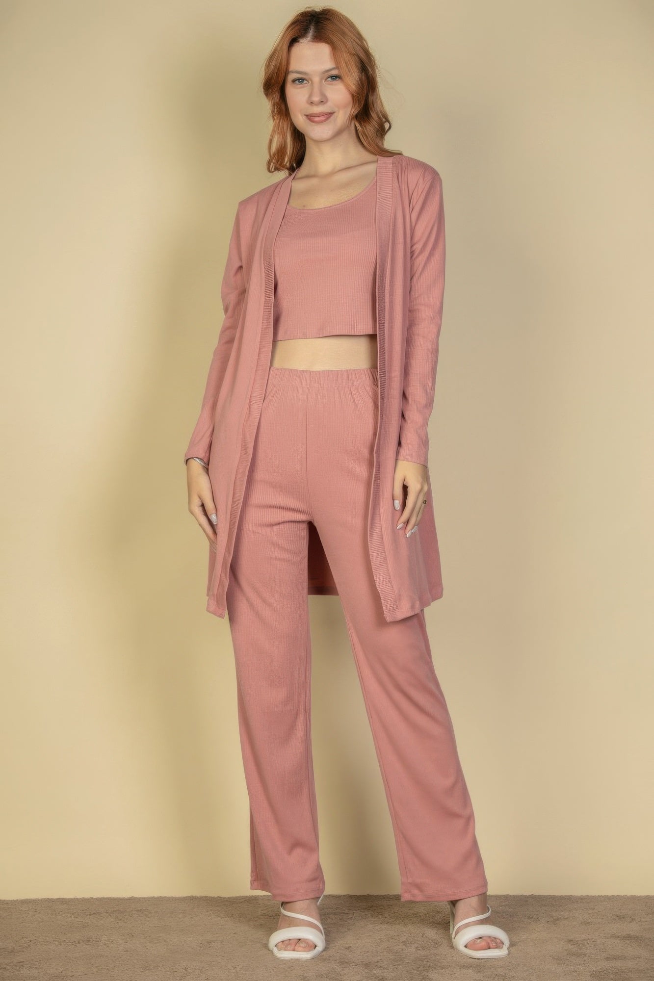 Flat Back Rib 3 Pieces Cami Top With Pants And Long Cardigan Set | by atgodanddesigns