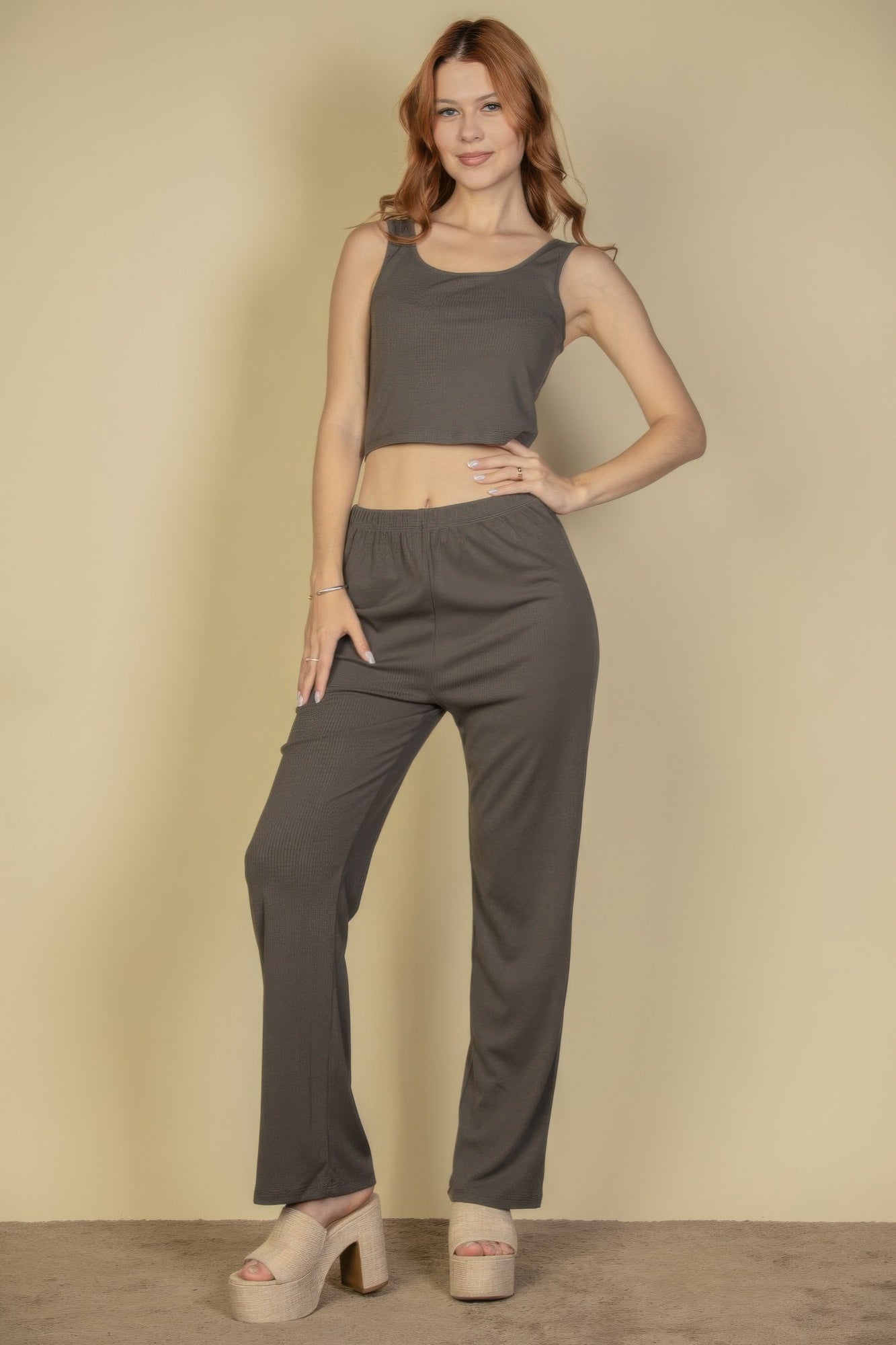 Flat Back Rib 3 Pieces Cami Top With Pants And Long Cardigan Set | by atgodanddesigns