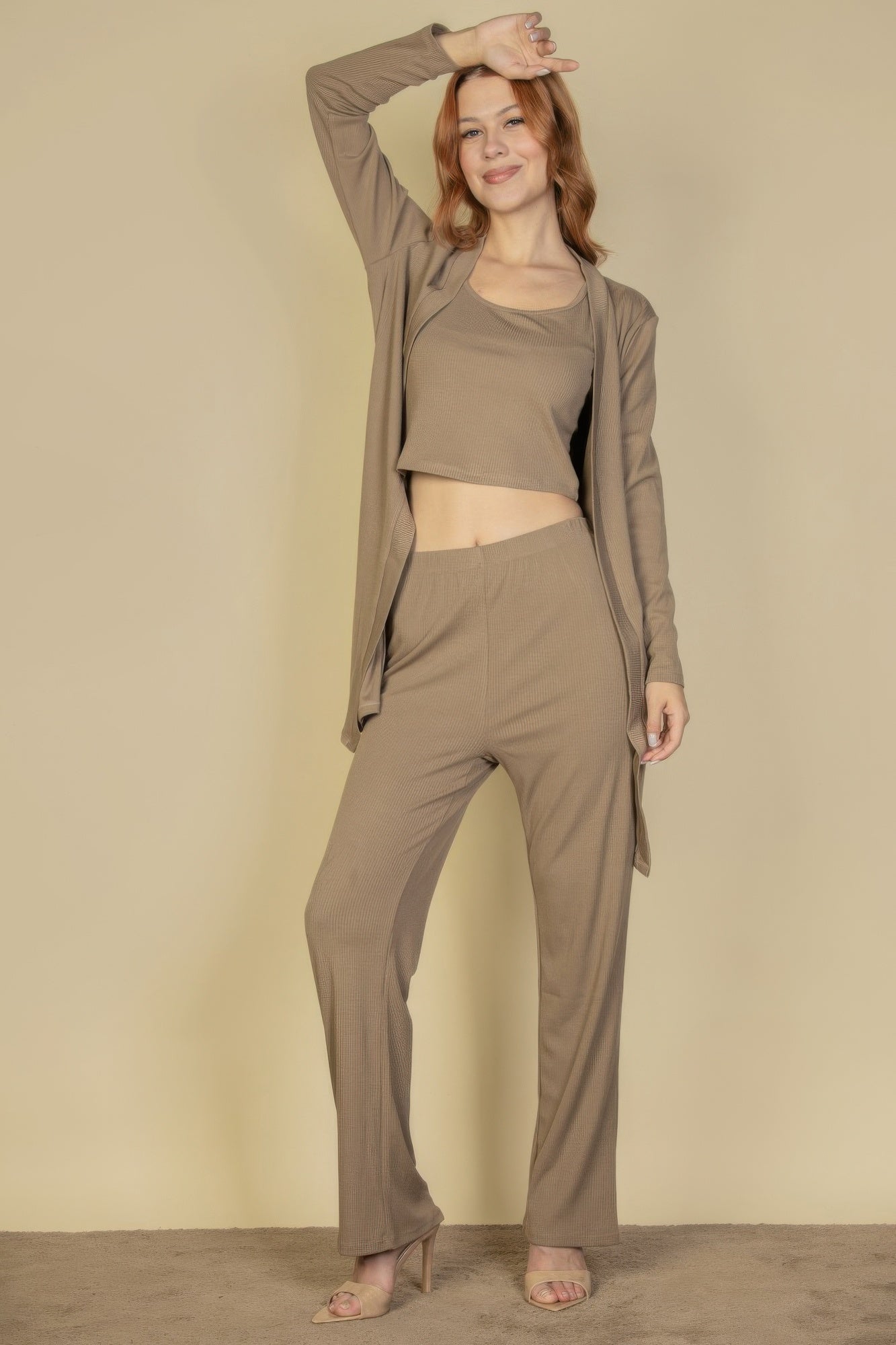 Flat Back Rib 3 Pieces Cami Top With Pants And Long Cardigan Set | by atgodanddesigns