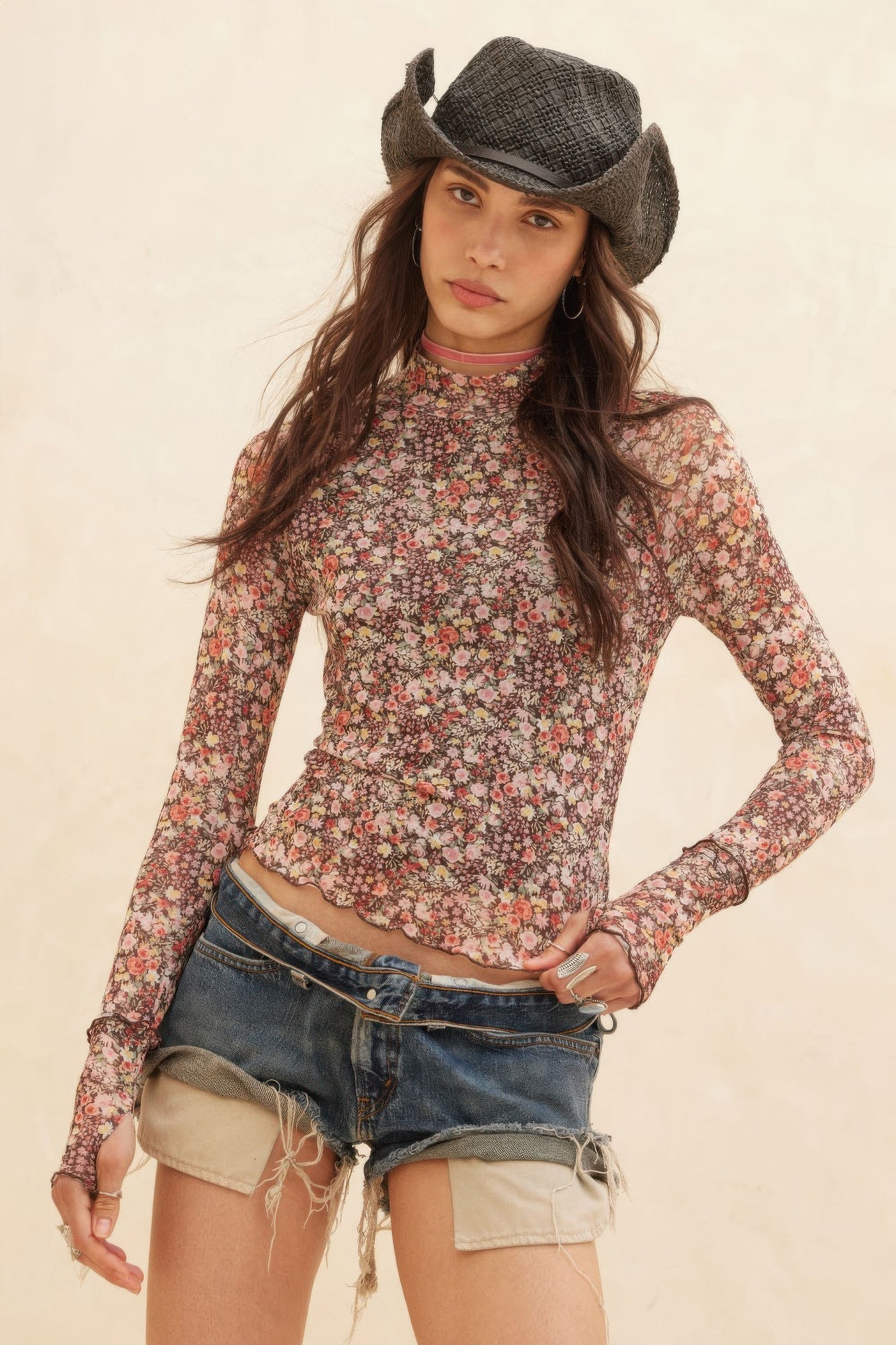 Floral - print Mesh Cropped Mock - neckthumbhole Top | by atgodanddesigns