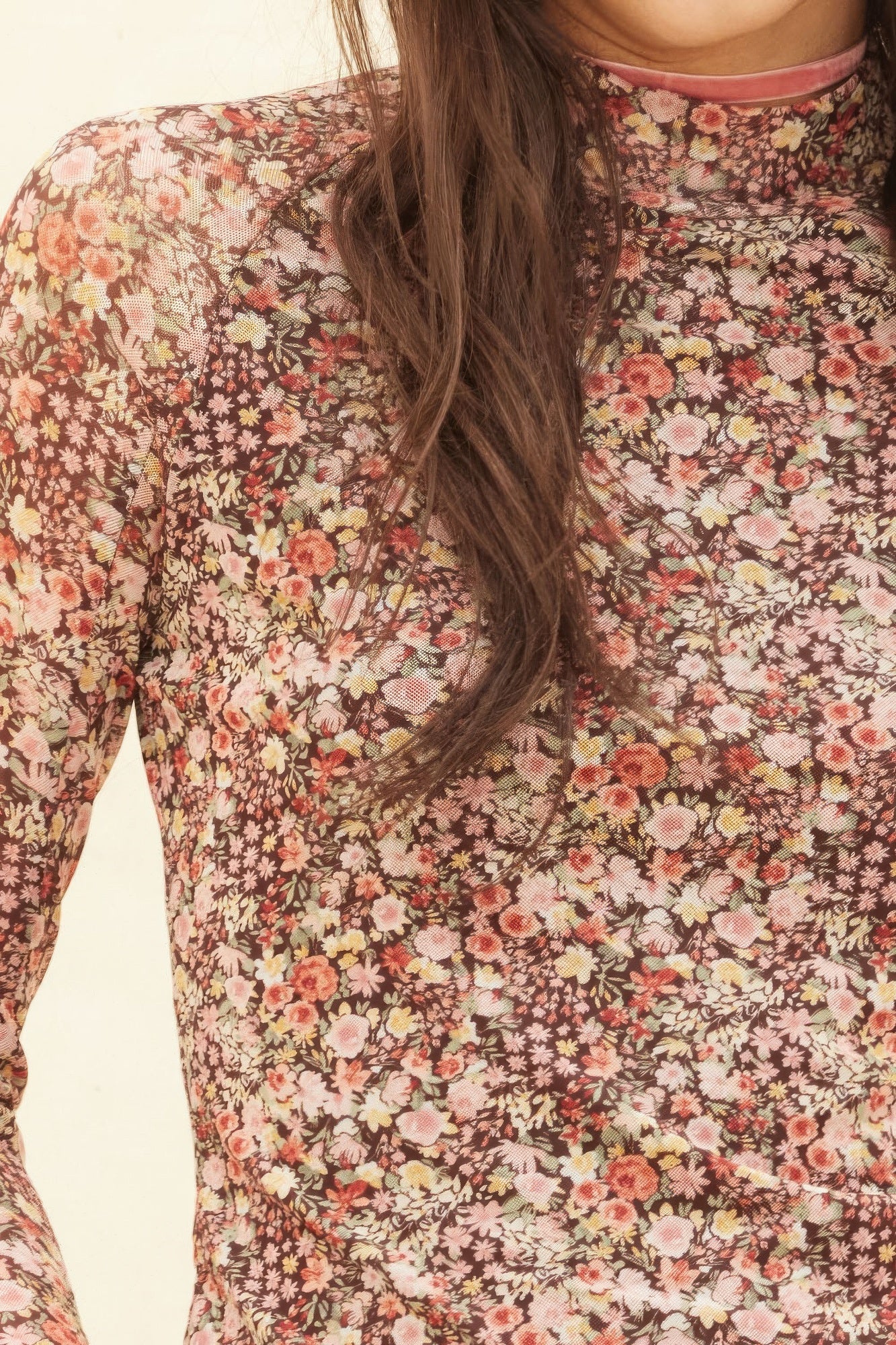 Floral - print Mesh Cropped Mock - neckthumbhole Top | by atgodanddesigns