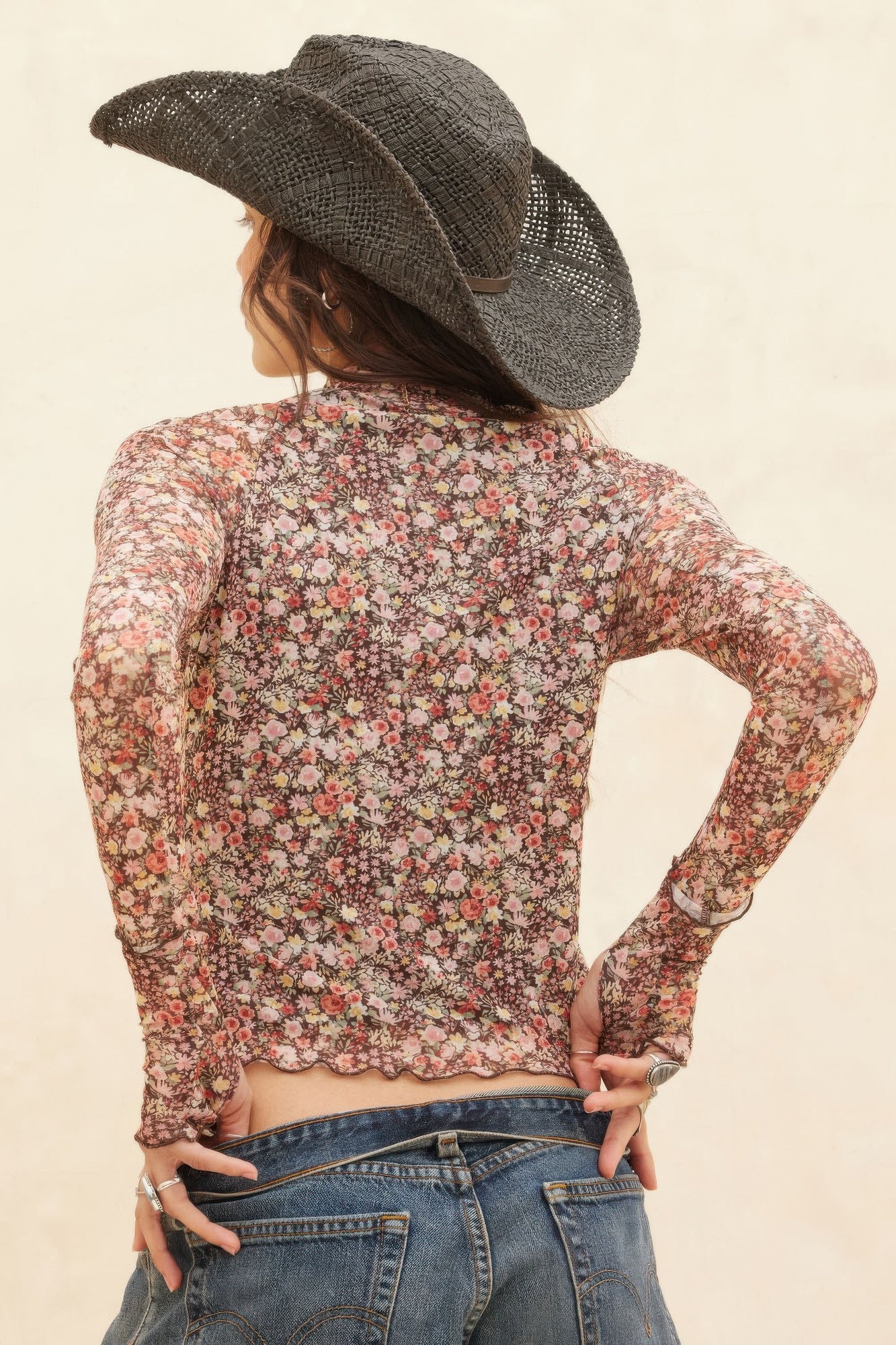 Floral - print Mesh Cropped Mock - neckthumbhole Top | by atgodanddesigns