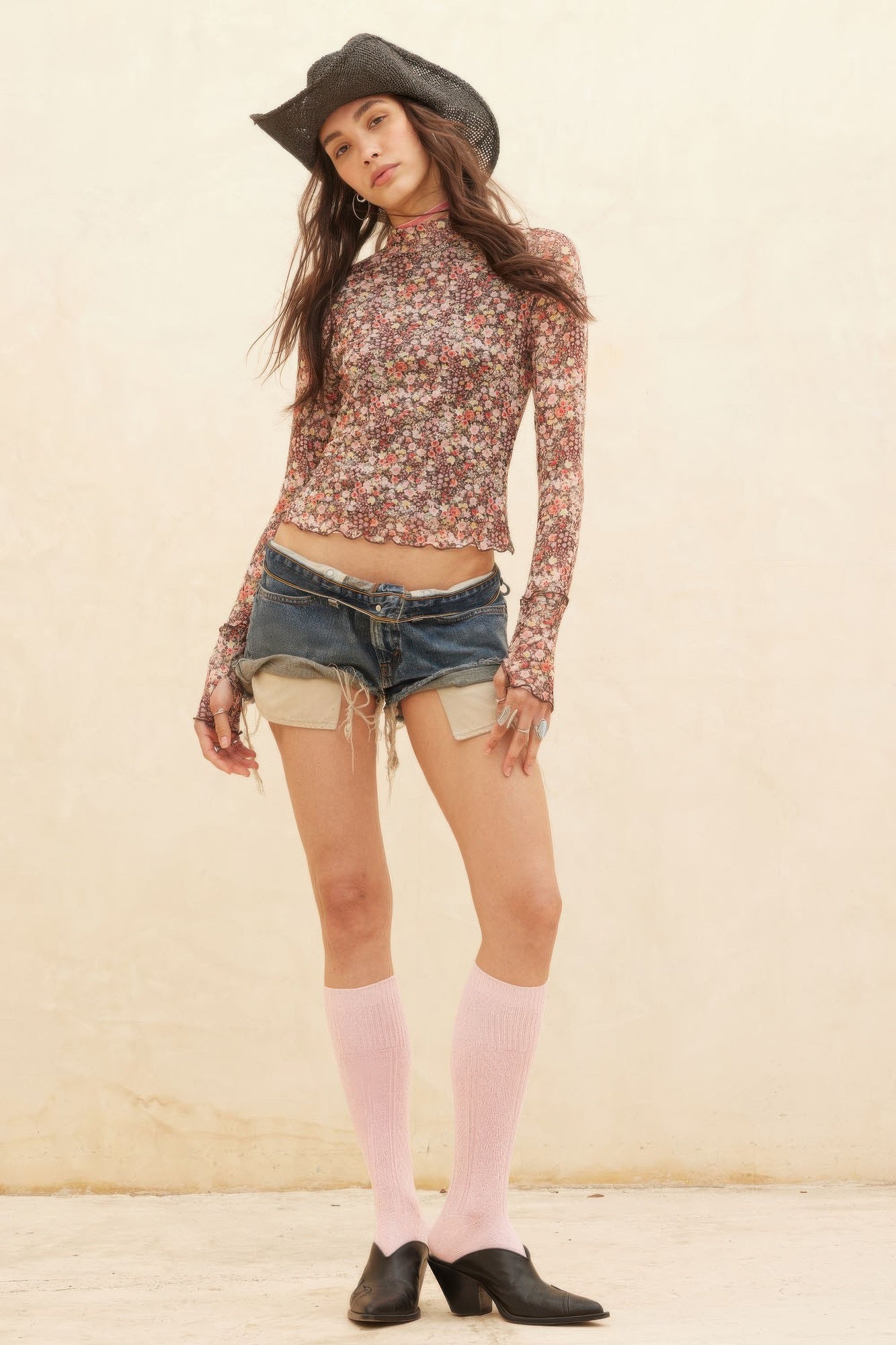 Floral - print Mesh Cropped Mock - neckthumbhole Top | by atgodanddesigns
