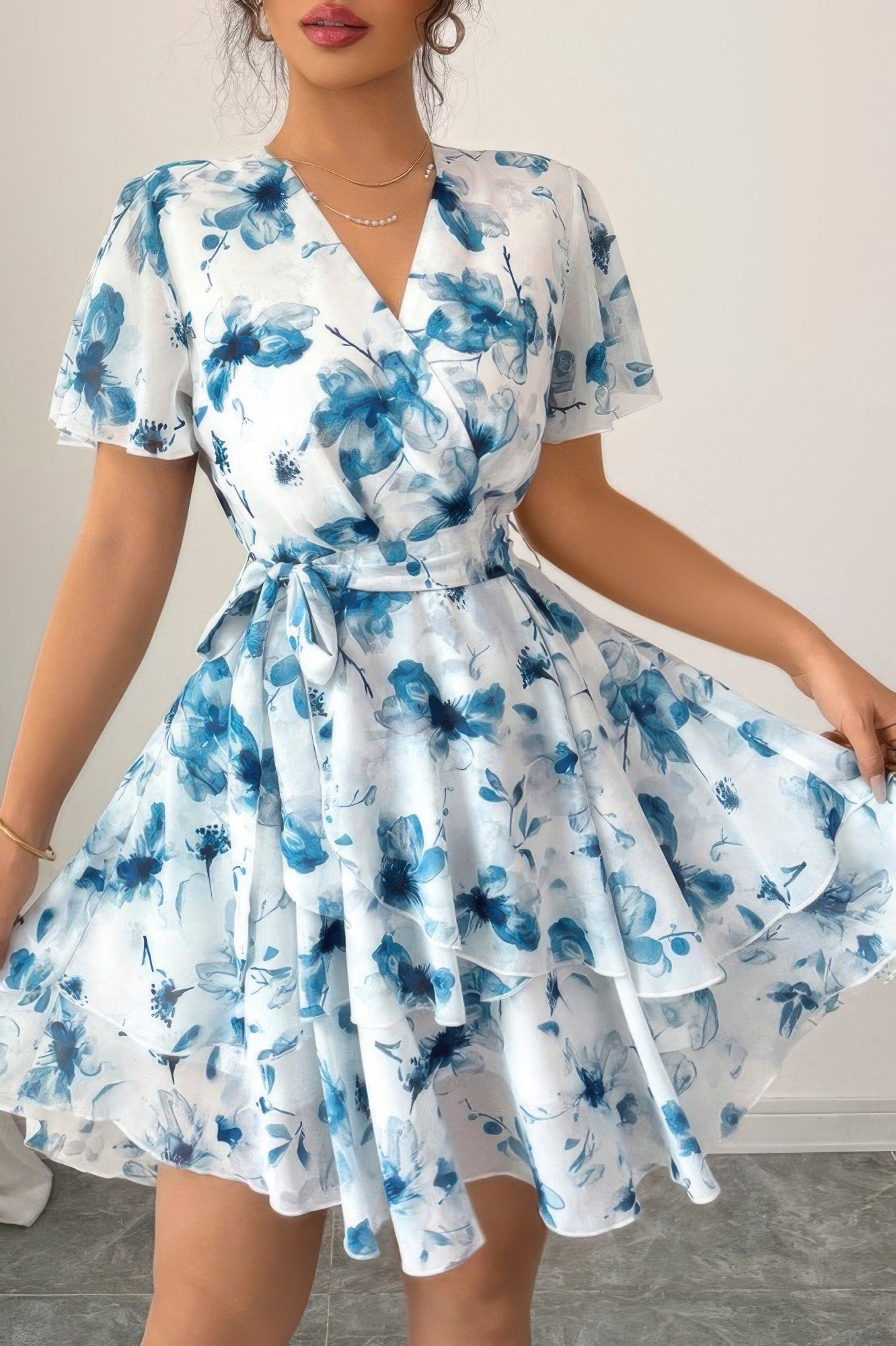 Floral V Neck Ruffle Sleeve Tie Belt Dress | by atgodanddesigns
