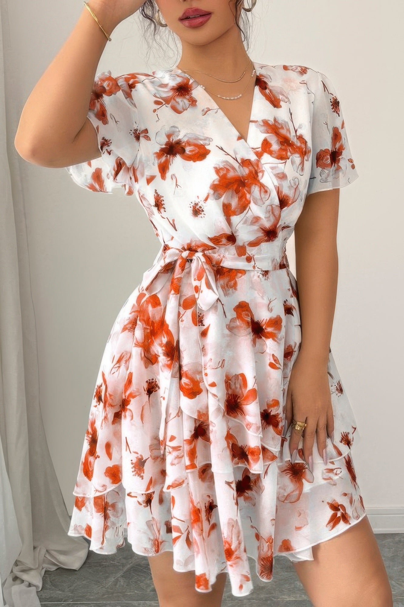 Floral V Neck Ruffle Sleeve Tie Belt Dress | by atgodanddesigns