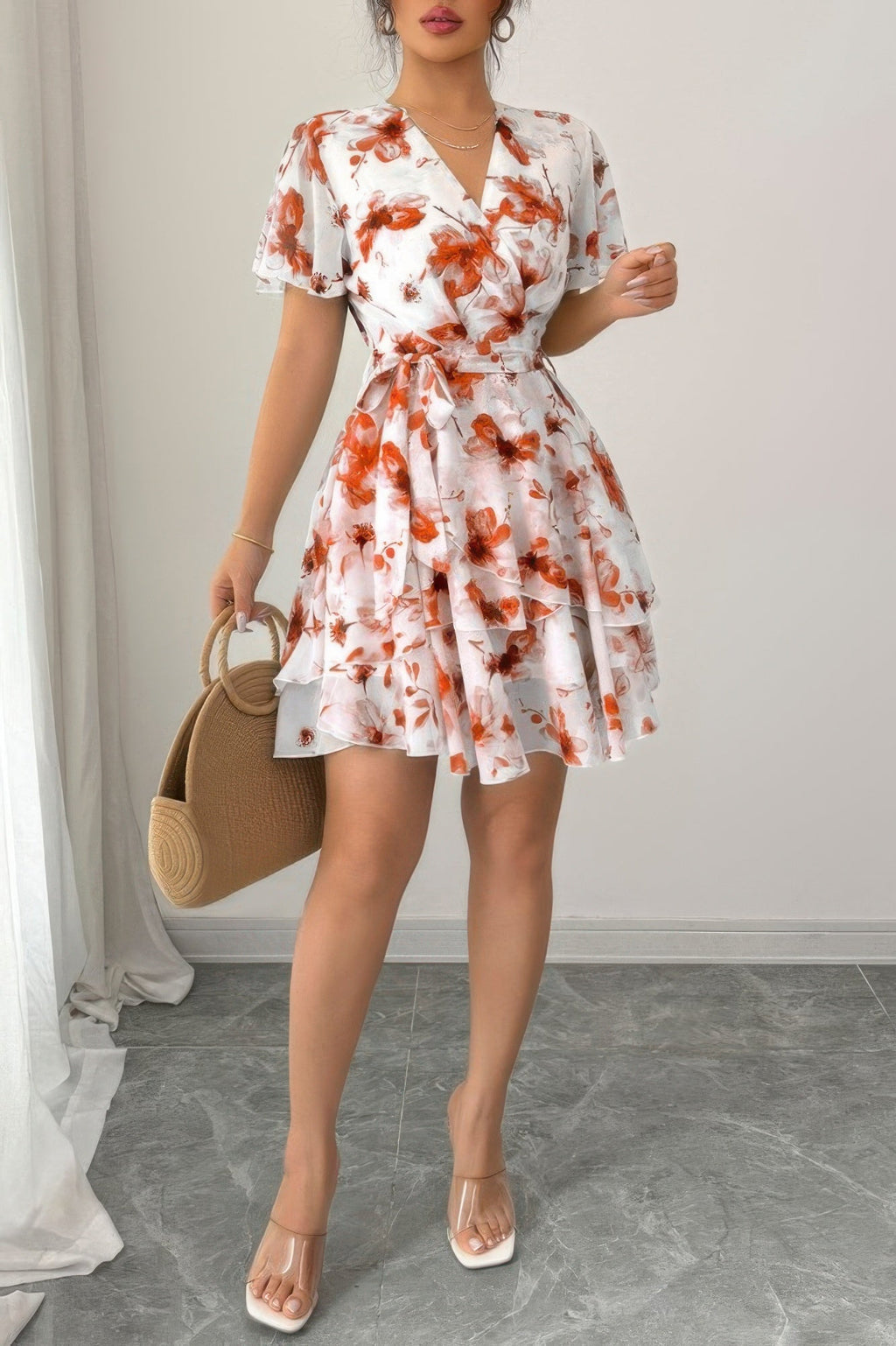 Floral V Neck Ruffle Sleeve Tie Belt Dress | by atgodanddesigns