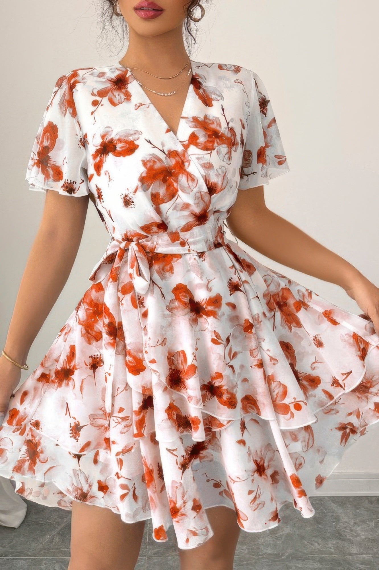 Floral V Neck Ruffle Sleeve Tie Belt Dress | by atgodanddesigns
