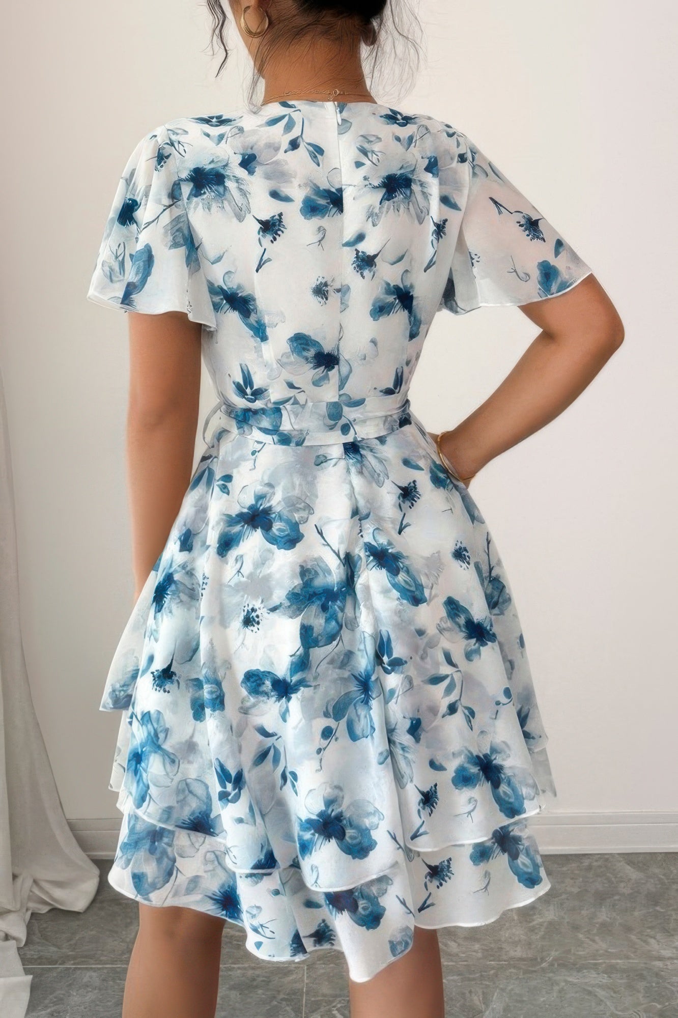 Floral V Neck Ruffle Sleeve Tie Belt Dress | by atgodanddesigns