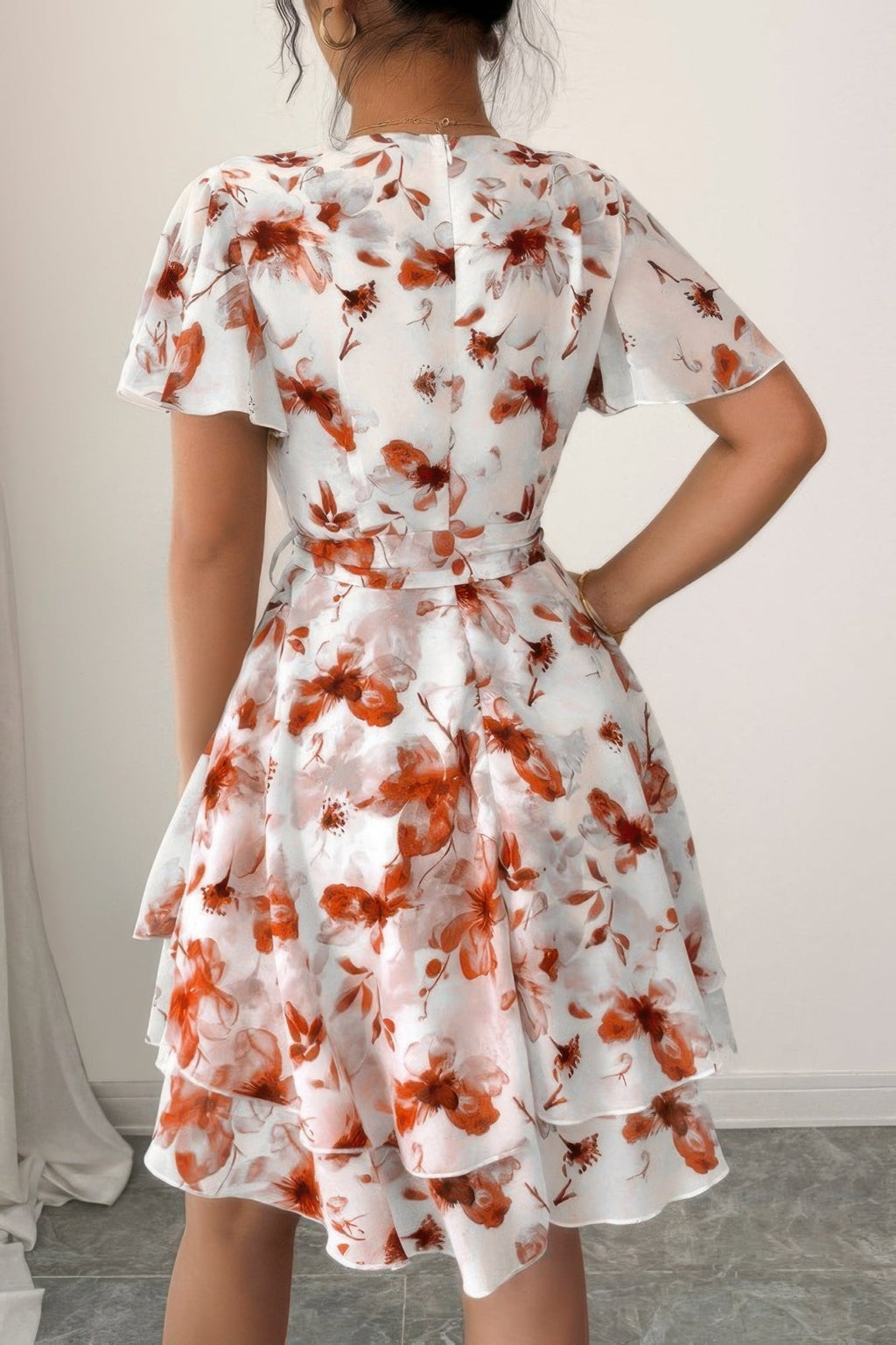 Floral V Neck Ruffle Sleeve Tie Belt Dress | by atgodanddesigns