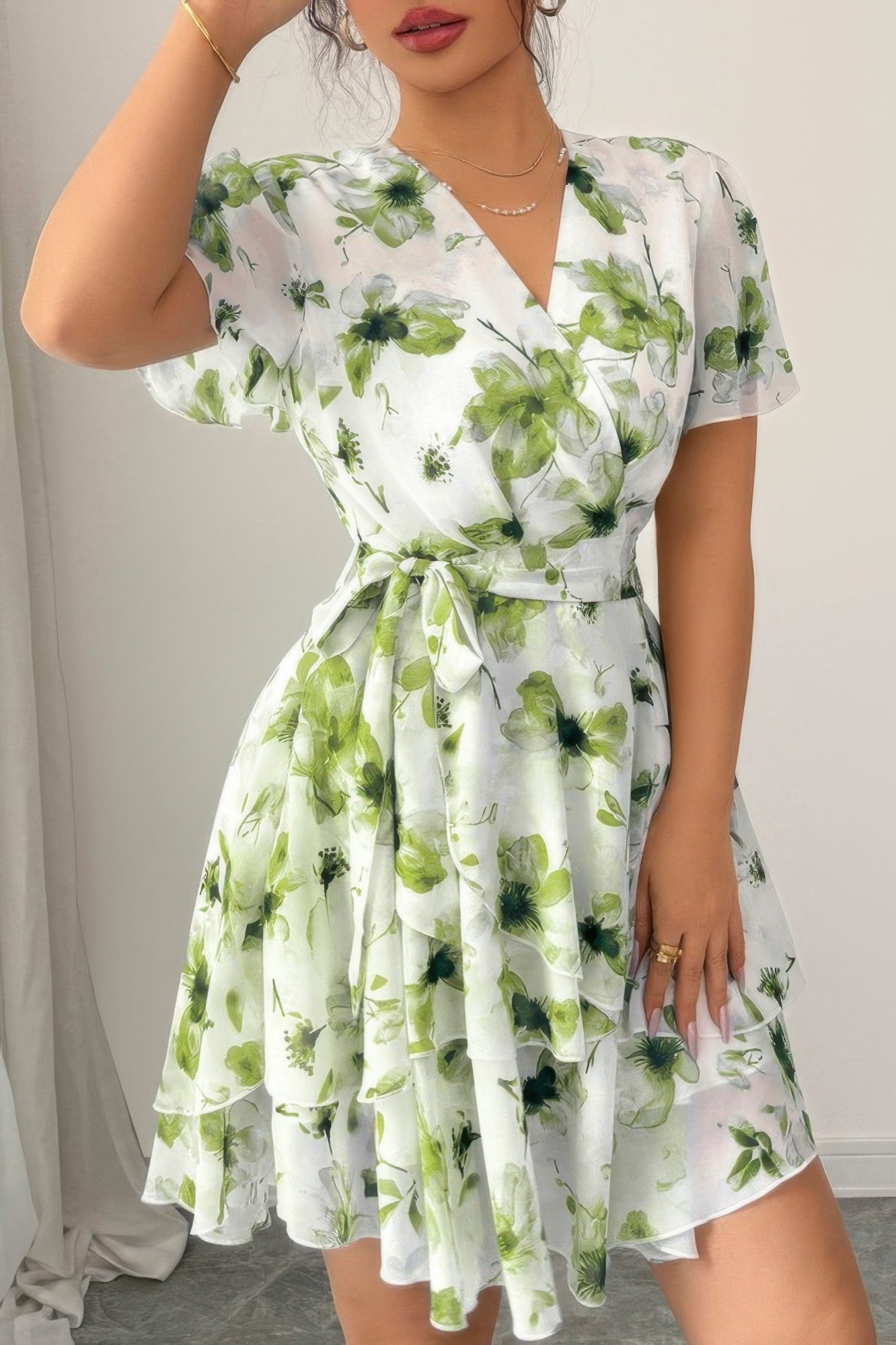 Floral V Neck Ruffle Sleeve Tie Belt Dress | by atgodanddesigns
