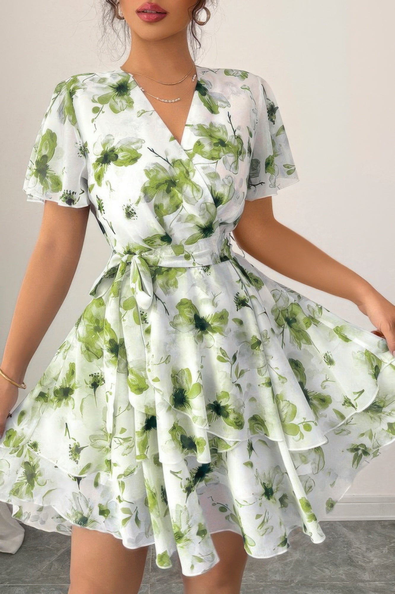 Floral V Neck Ruffle Sleeve Tie Belt Dress | by atgodanddesigns