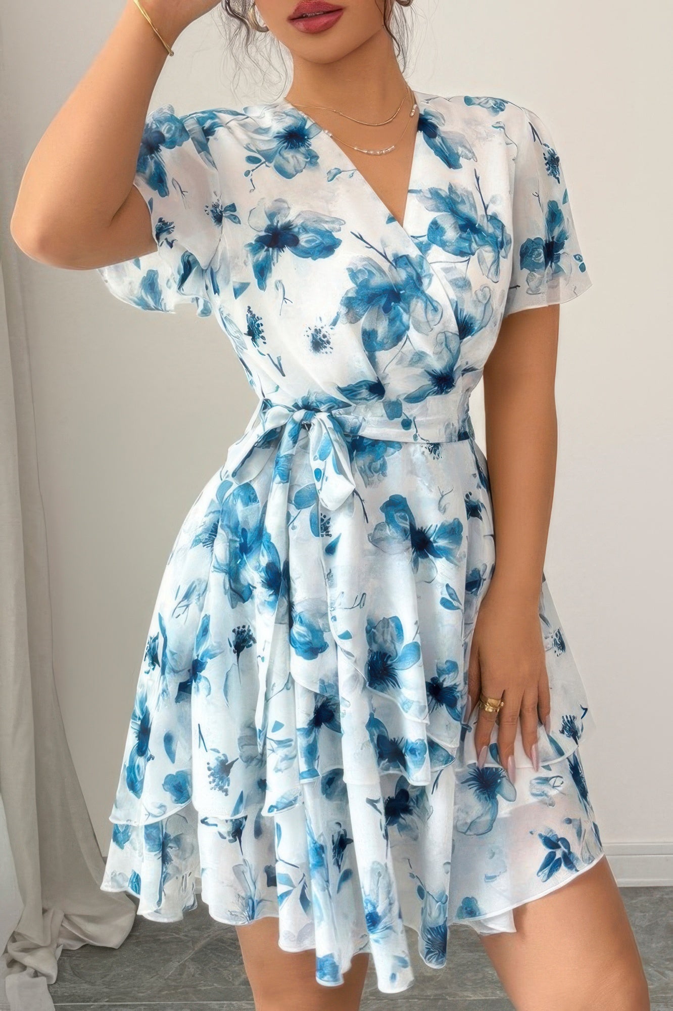 Floral V Neck Ruffle Sleeve Tie Belt Dress | by atgodanddesigns
