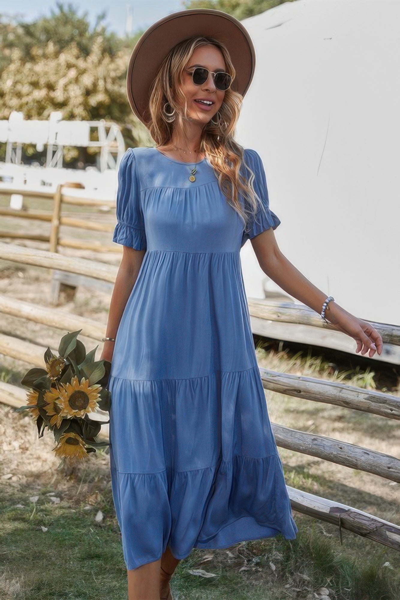 Flowy Pleated Short Sleeve Solid Midi Dress | by atgodanddesigns