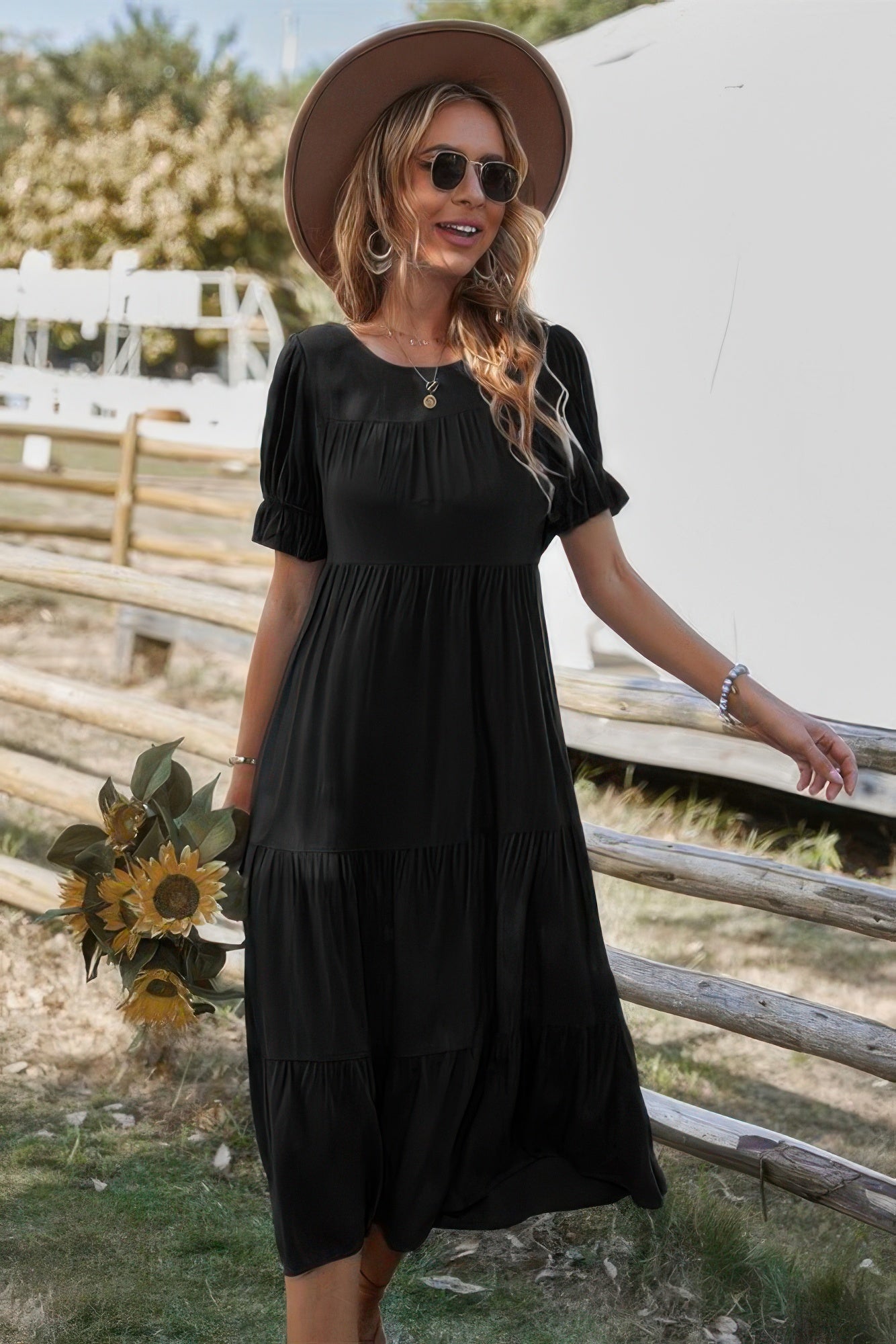 Flowy Pleated Short Sleeve Solid Midi Dress | by atgodanddesigns