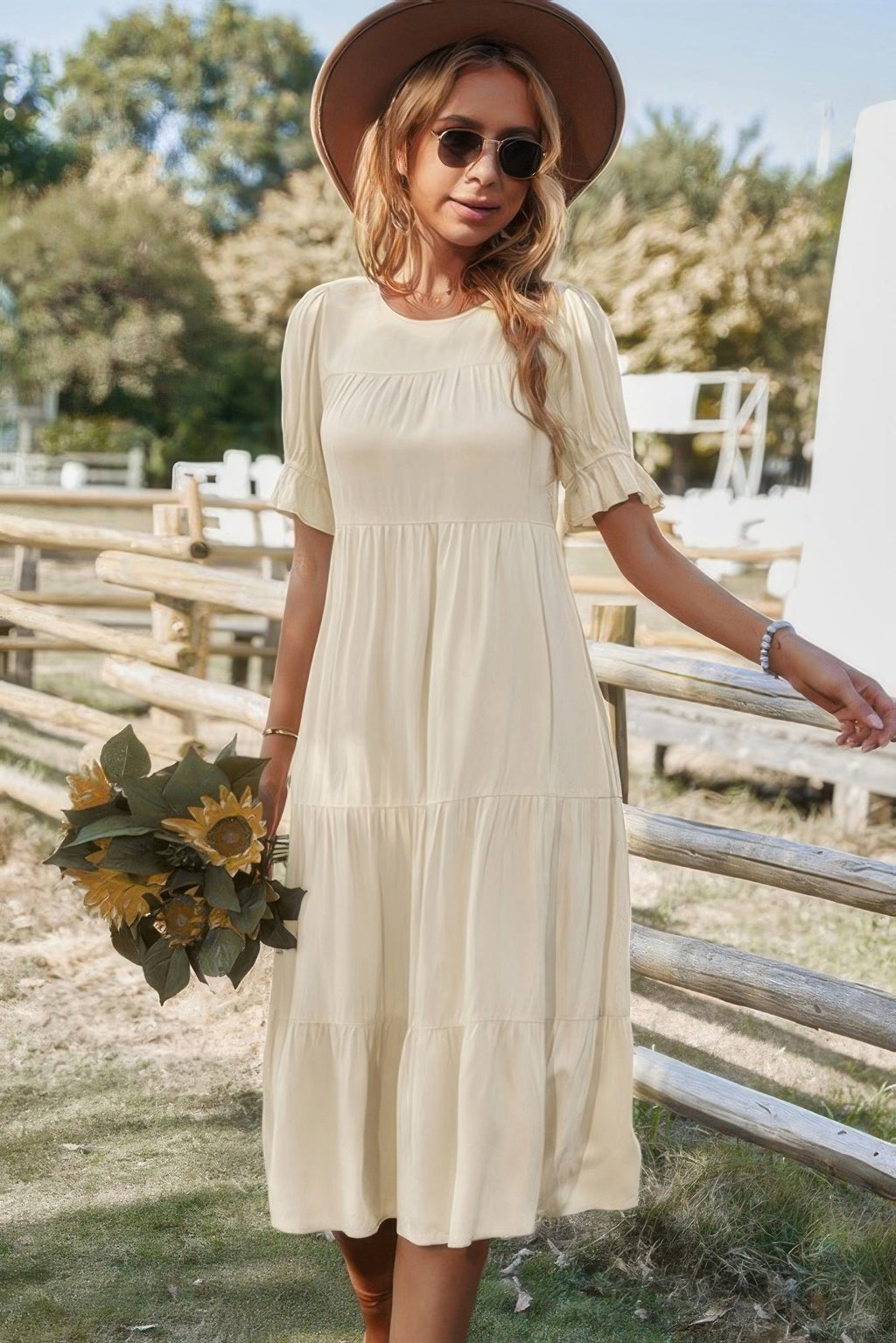 Flowy Pleated Short Sleeve Solid Midi Dress | by atgodanddesigns